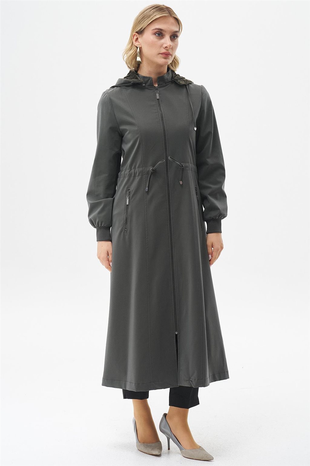 Drawstring Waist Coat with Pocket Details Khaki