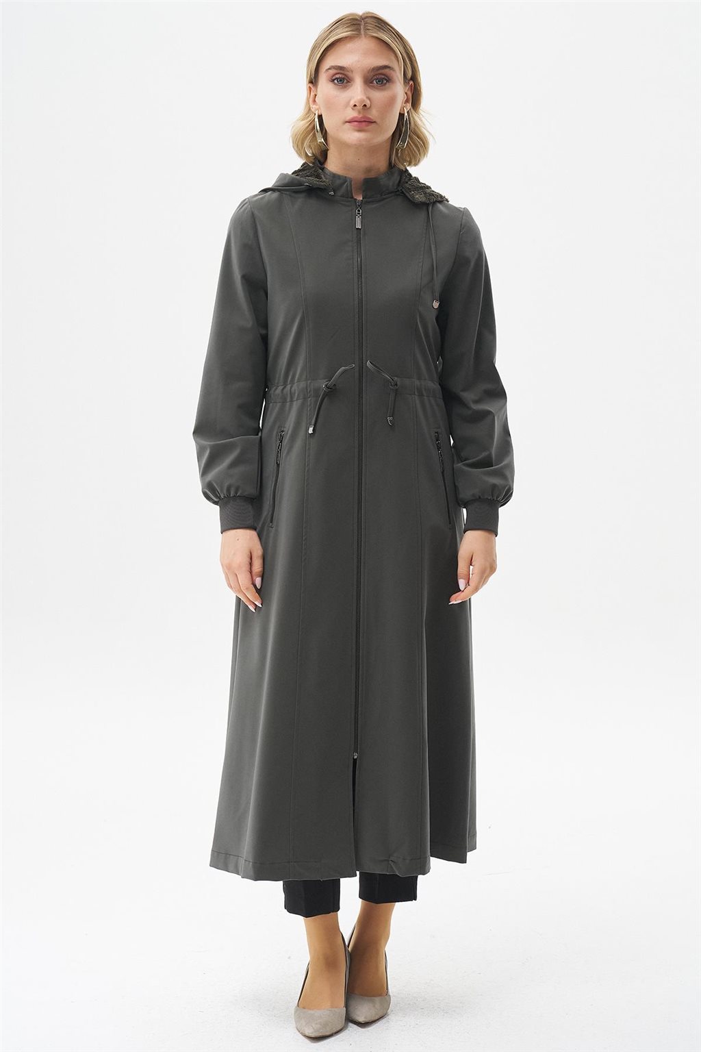 Drawstring Waist Coat with Pocket Details Khaki