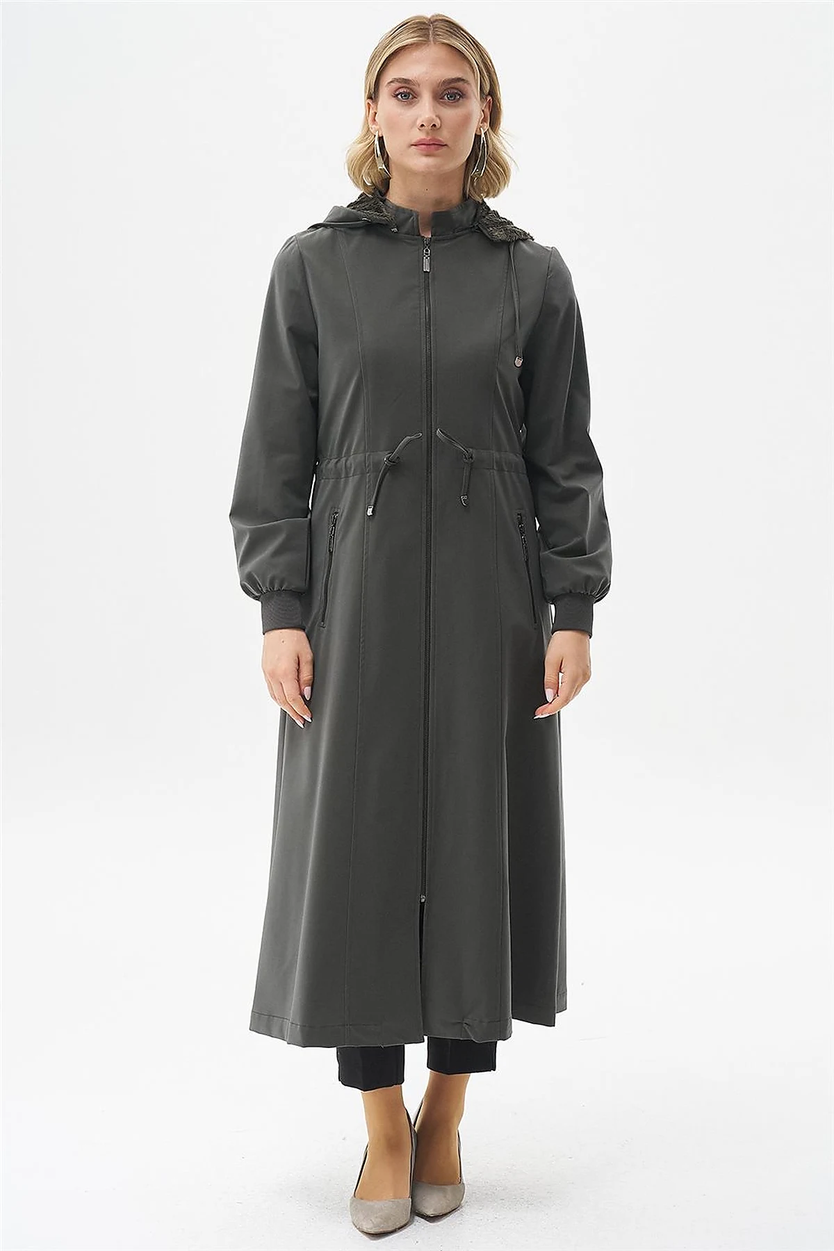 Drawstring Waist Coat with Pocket Details Khaki