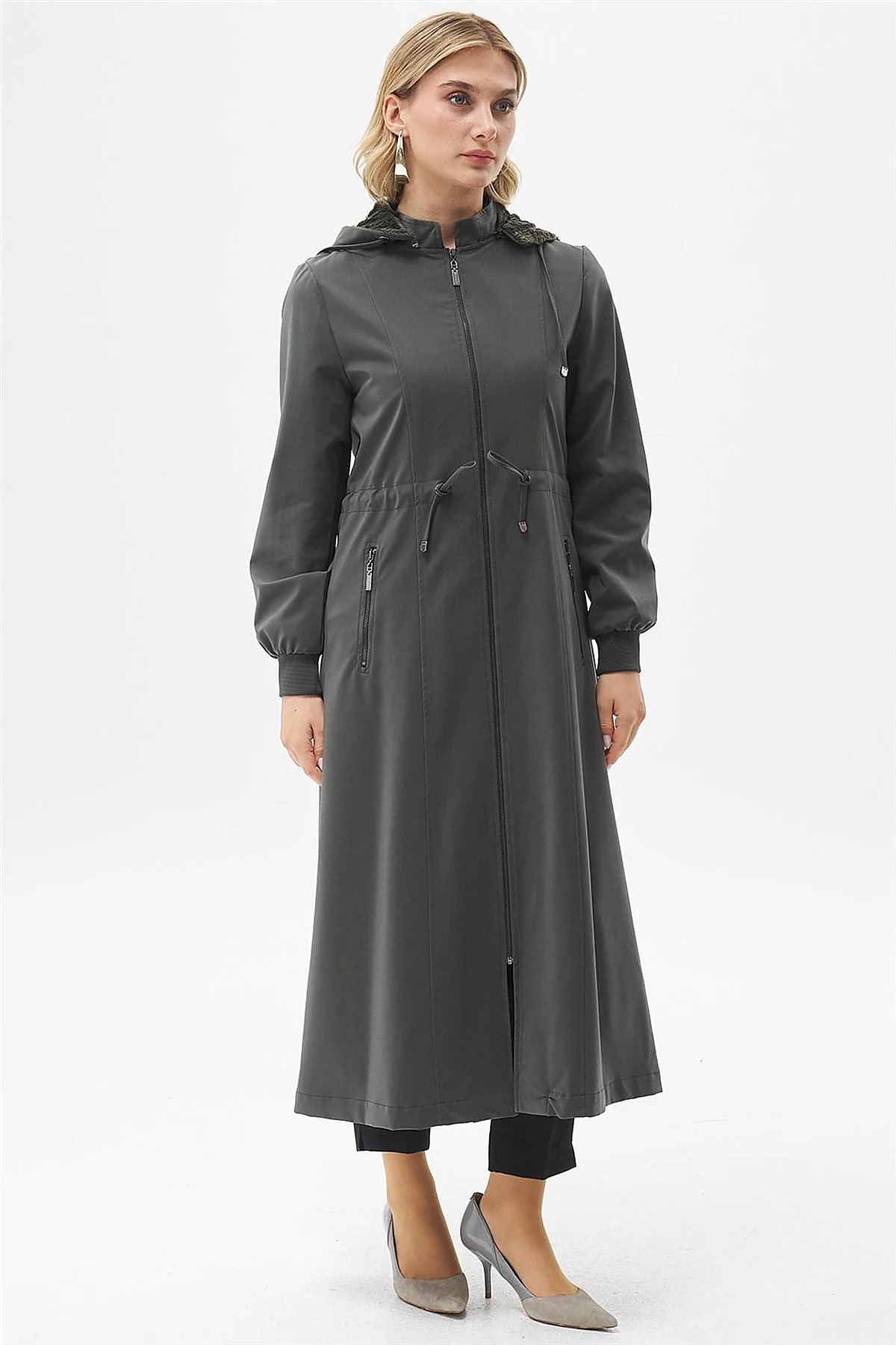 Drawstring Waist Coat with Pocket Details Khaki