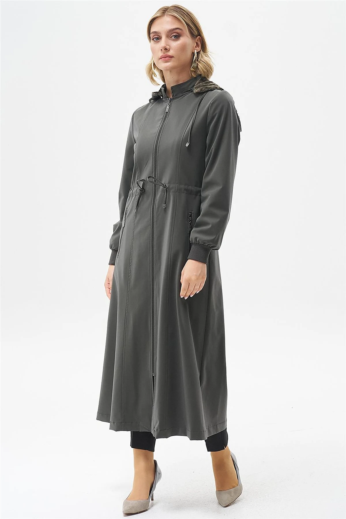 Drawstring Waist Coat with Pocket Details Khaki