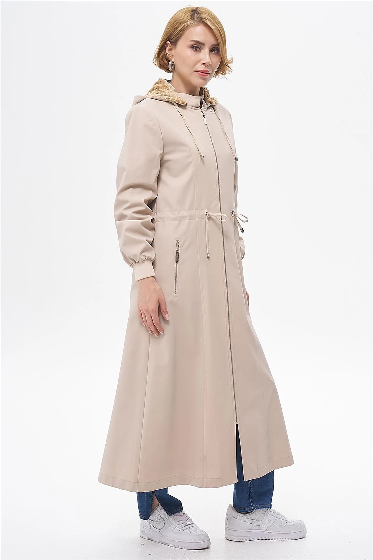 Drawstring Waist Coat with Pocket Details Cream 
