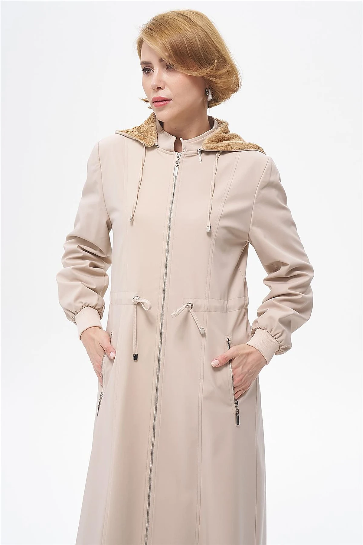 Drawstring Waist Coat with Pocket Details Cream 