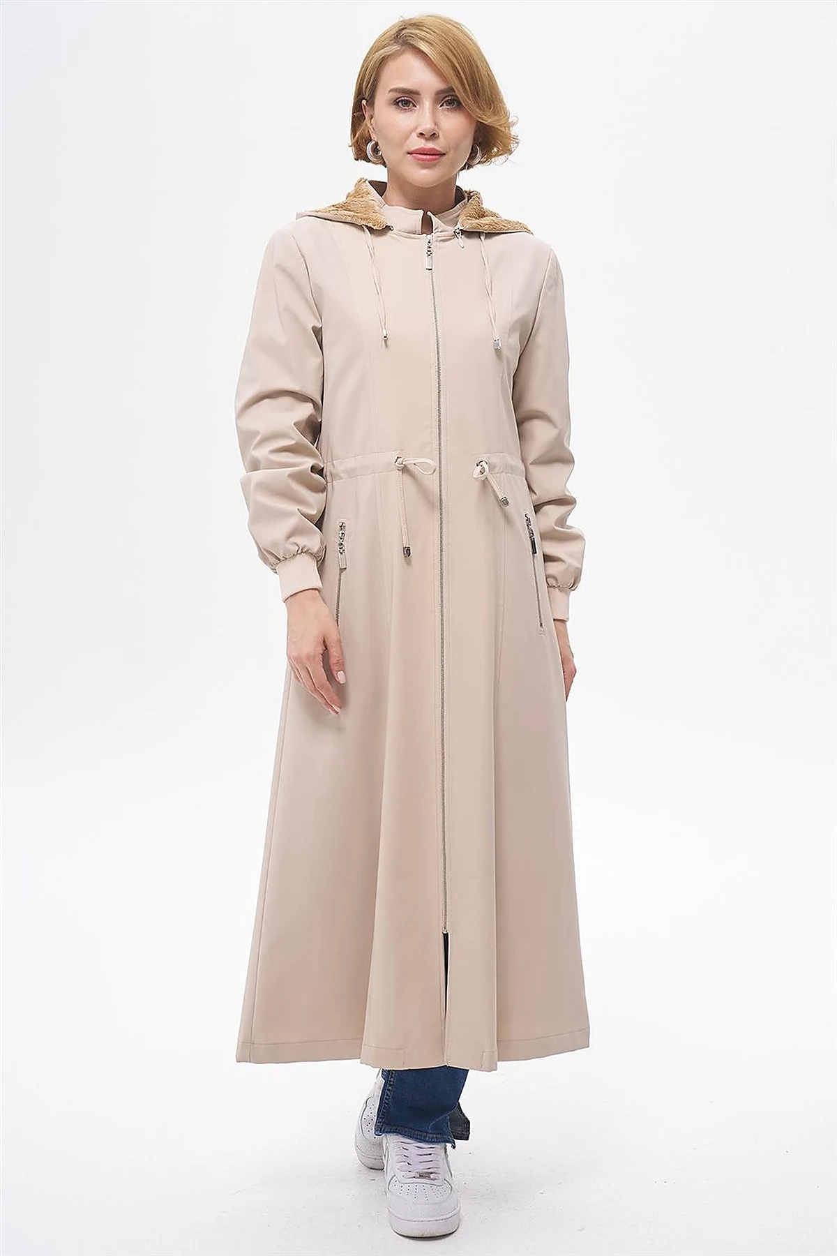 Drawstring Waist Coat with Pocket Details Cream 