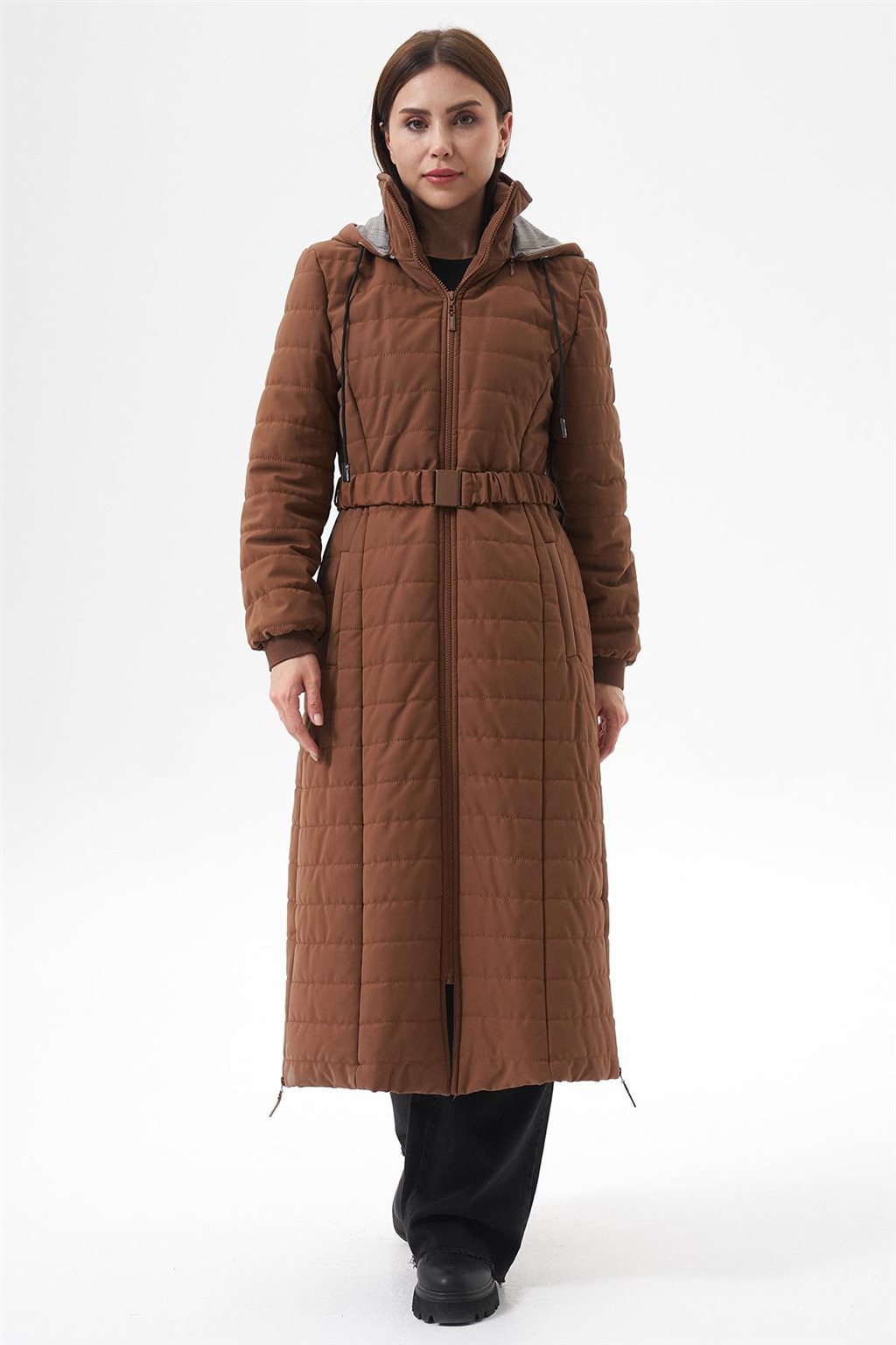 Dik Yaka Kapüşonlu Anorak Mont Camel 