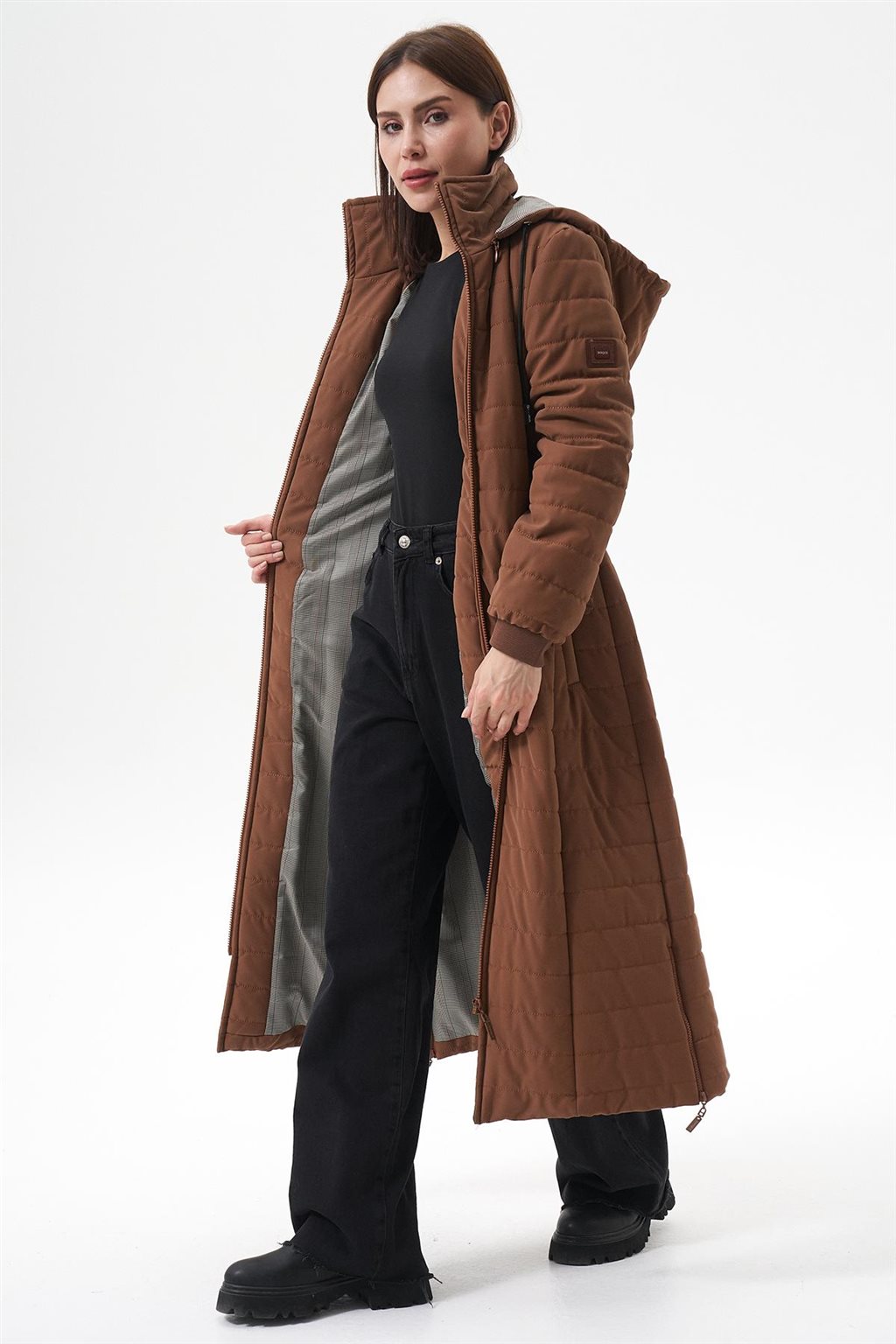 Dik Yaka Kapüşonlu Anorak Mont Camel 