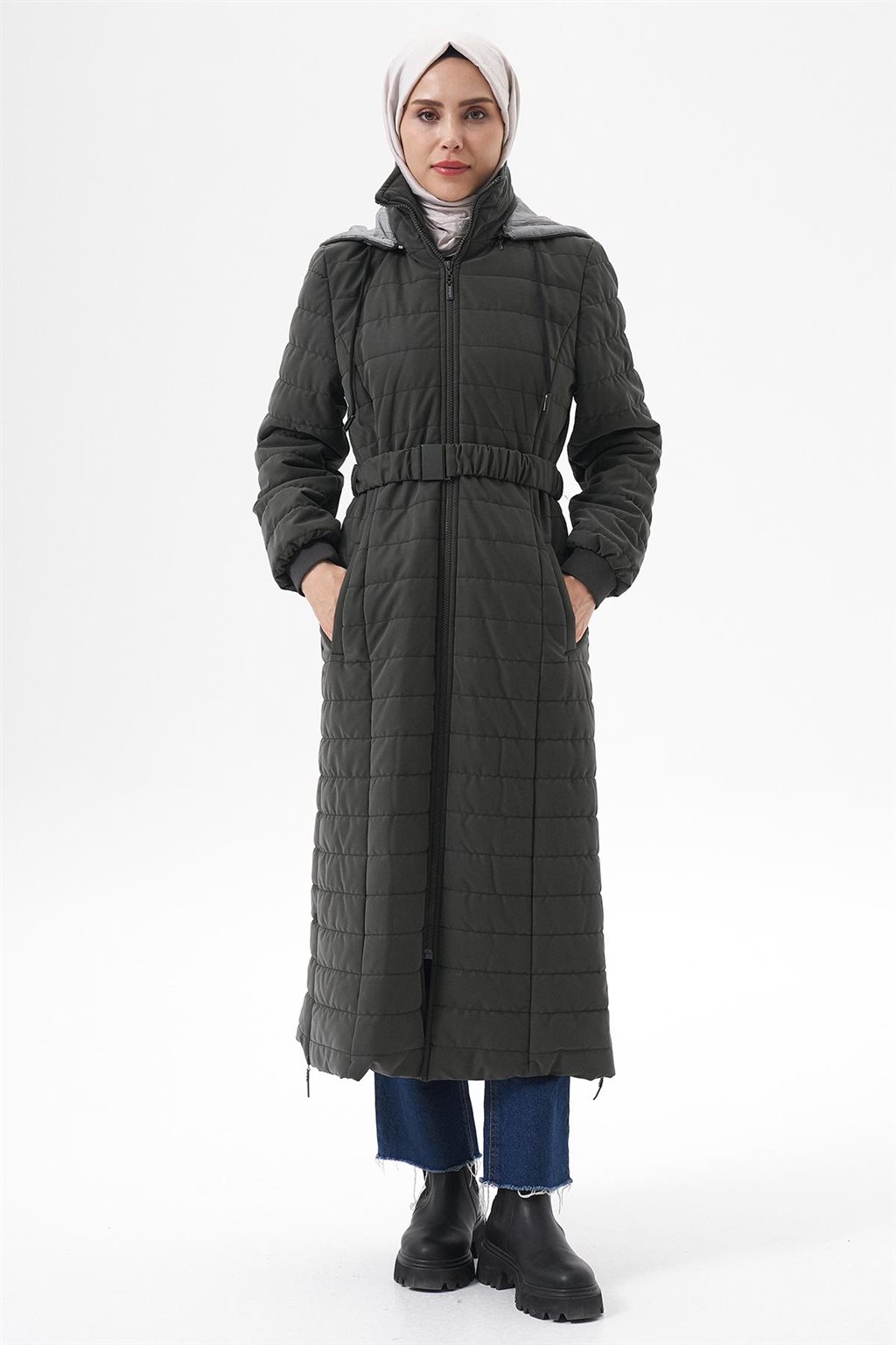 Stand-Up Collar Hooded Anorak Coat Khaki
