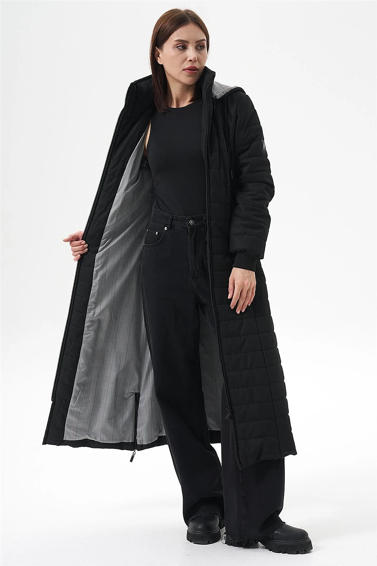 Stand-Up Collar Hooded Anorak Coat Black