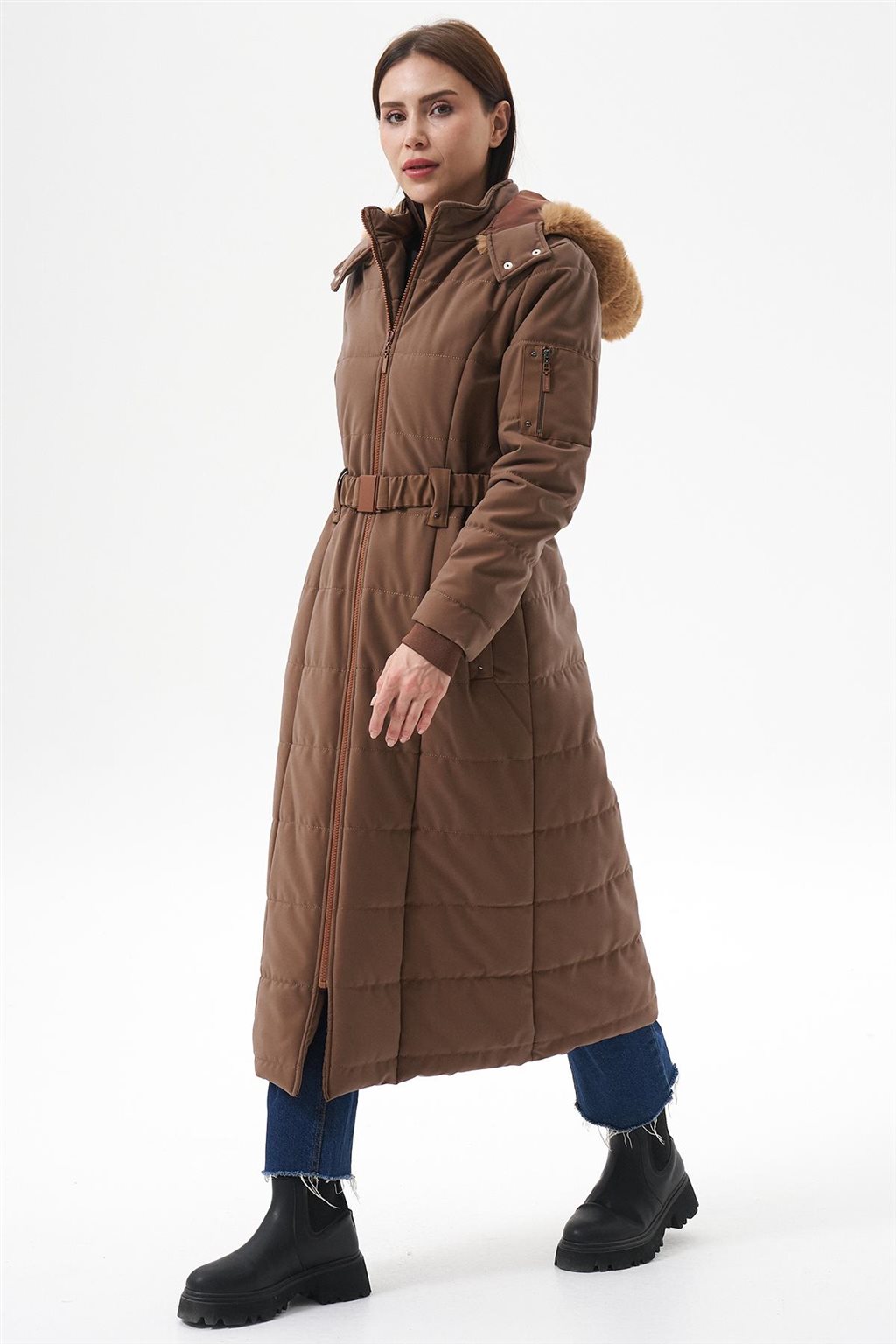 Çıkarılabilir Kürk Kapüşonlu Anorak Mont Camel 