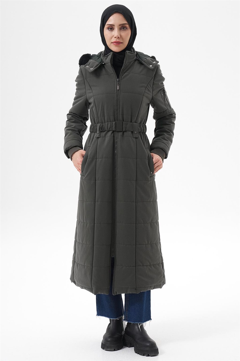 Removable Fur-Lined Hooded Anorak Coat Khaki