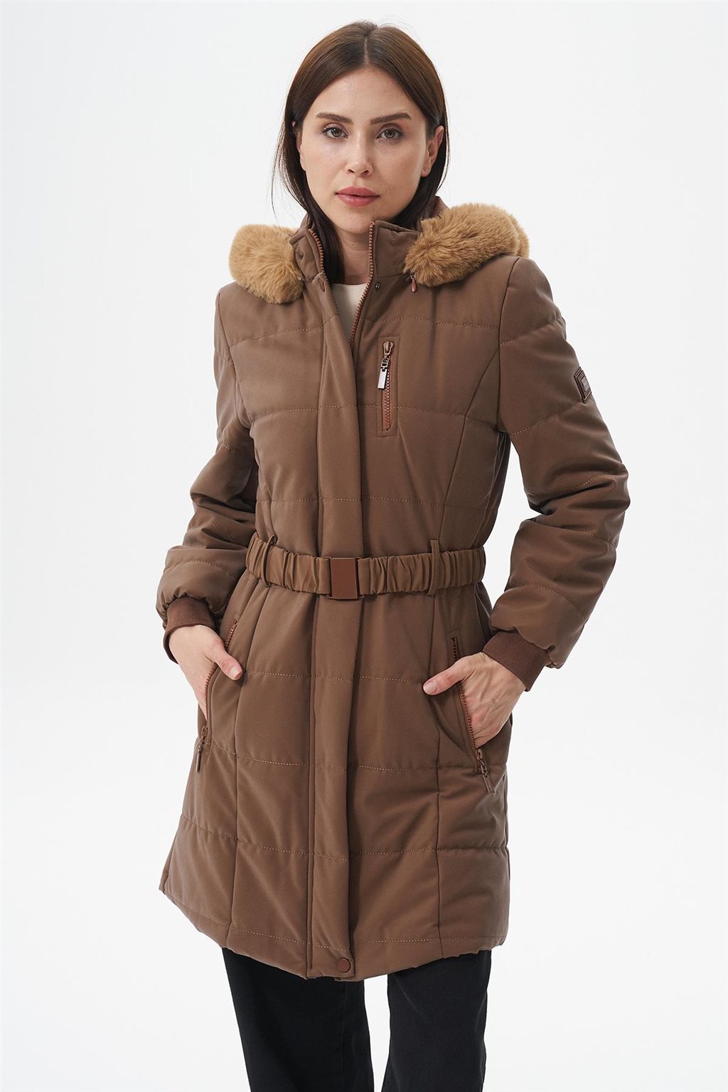 Kürk Kapüşonlu Anorak Mont Camel 