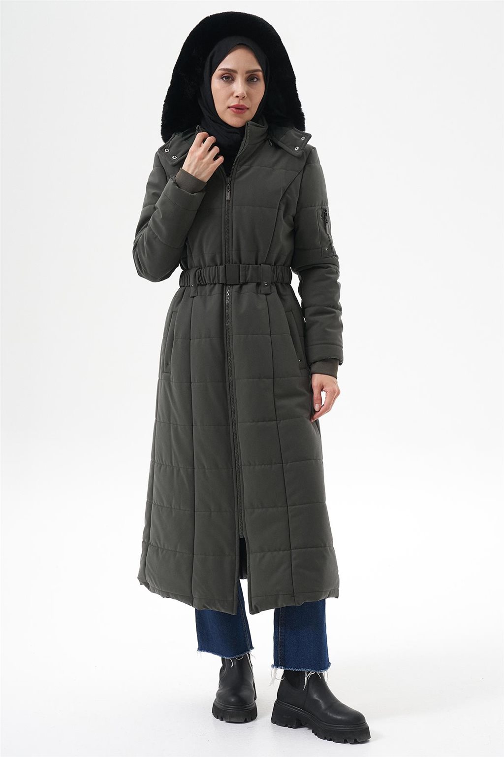 Removable Fur-Lined Hooded Anorak Coat Khaki