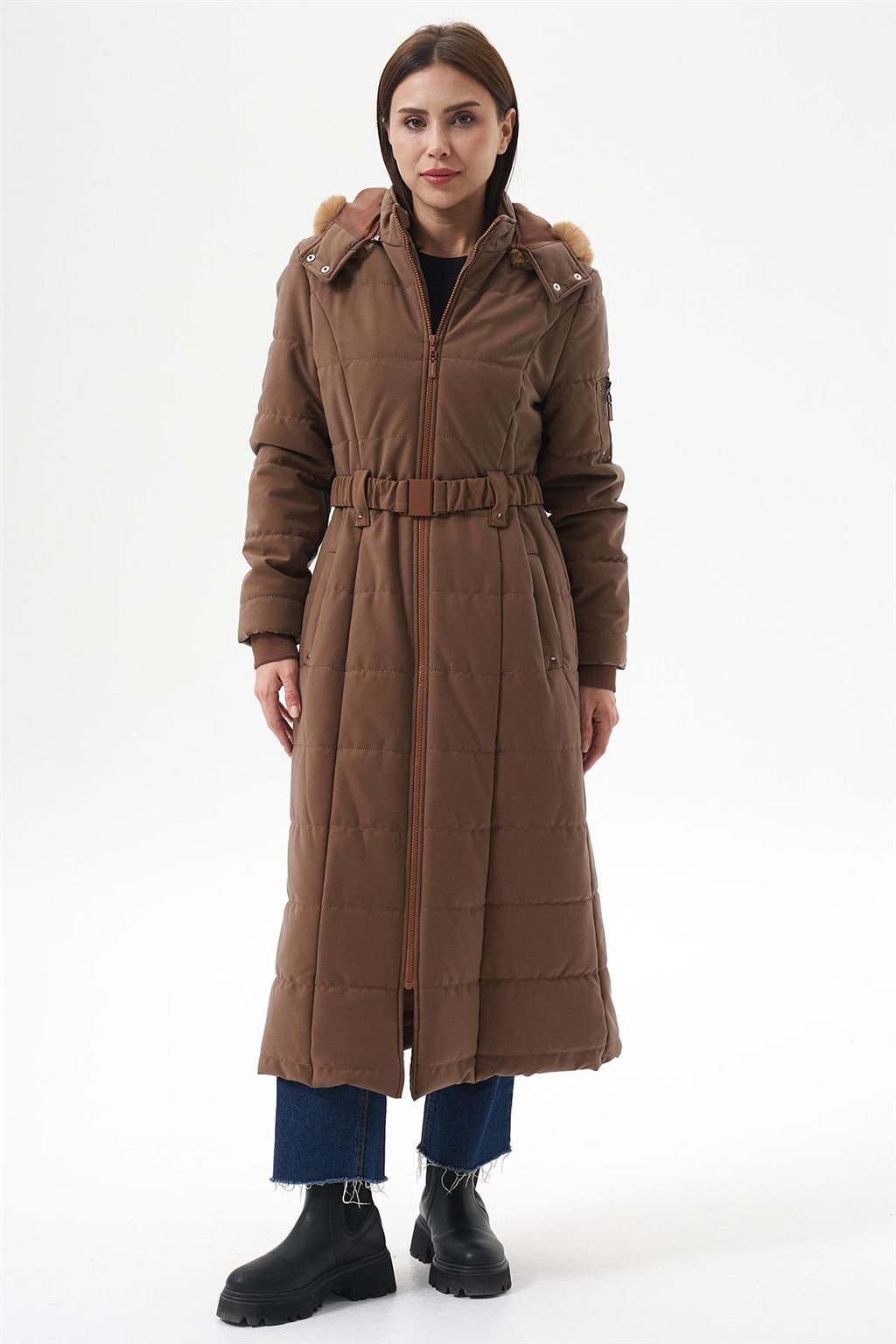 Çıkarılabilir Kürk Kapüşonlu Anorak Mont Camel 