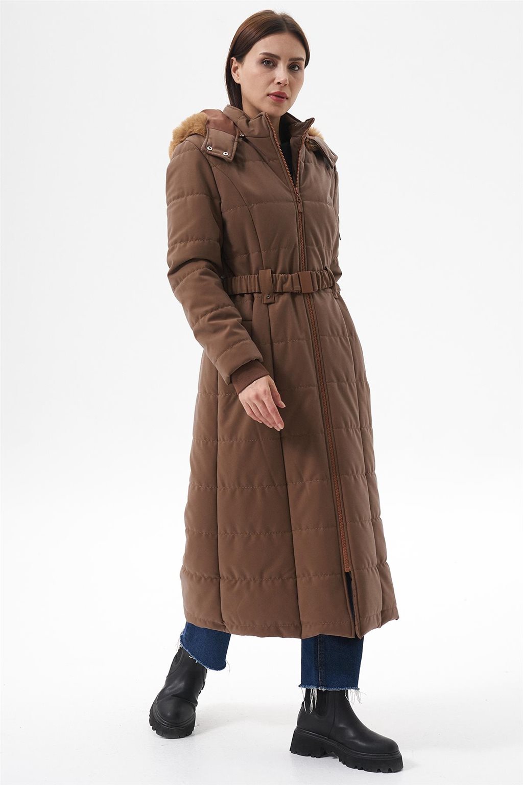 Çıkarılabilir Kürk Kapüşonlu Anorak Mont Camel 