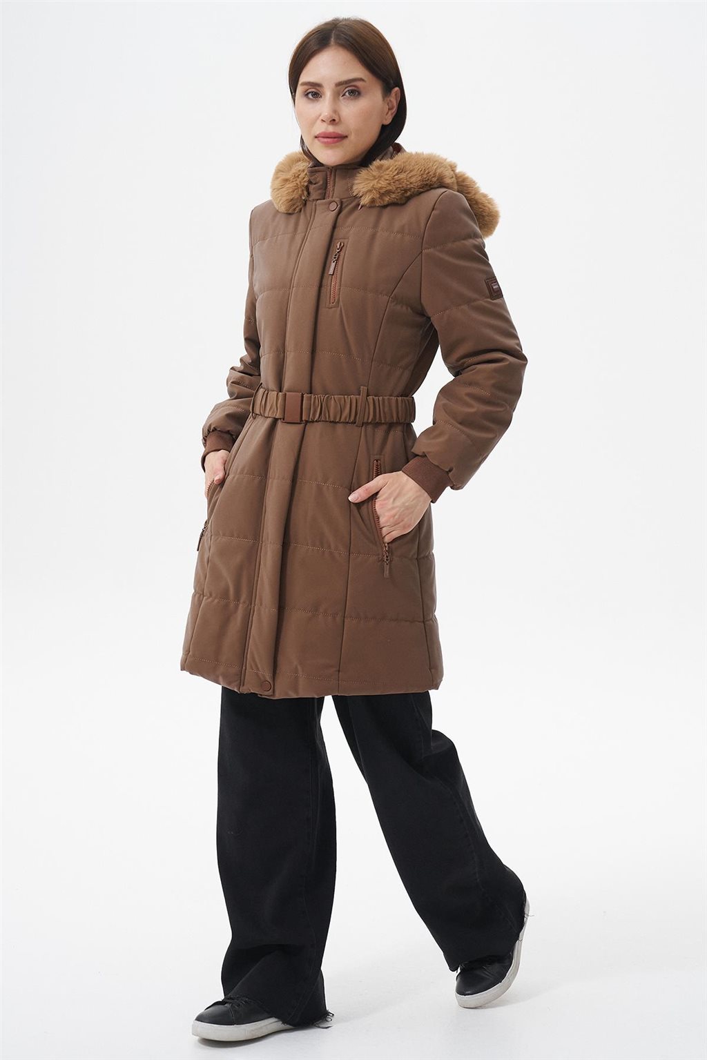 Kürk Kapüşonlu Anorak Mont Camel 