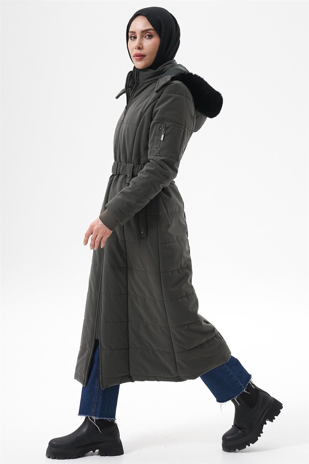 Removable Fur-Lined Hooded Anorak Coat Khaki