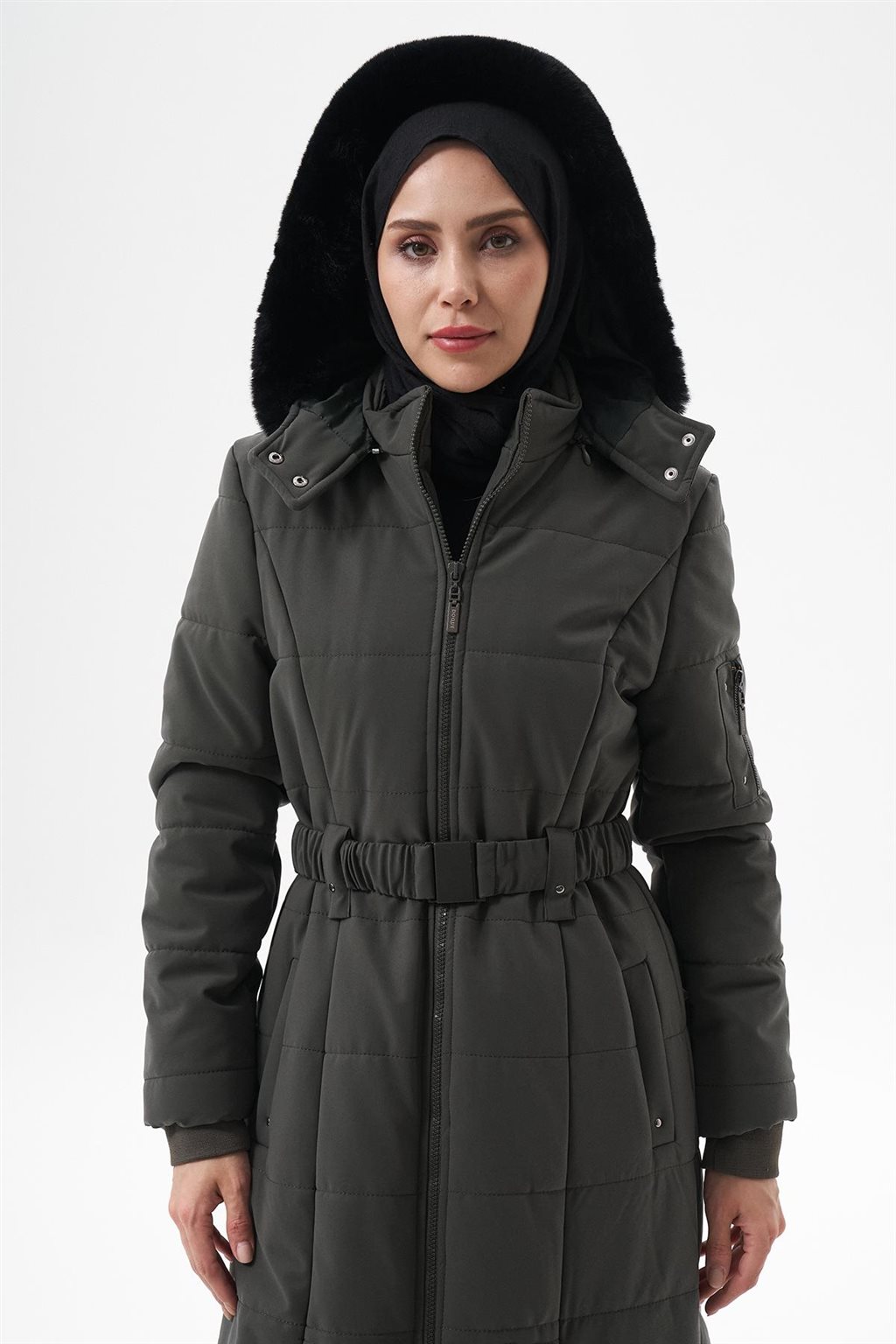 Removable Fur-Lined Hooded Anorak Coat Khaki