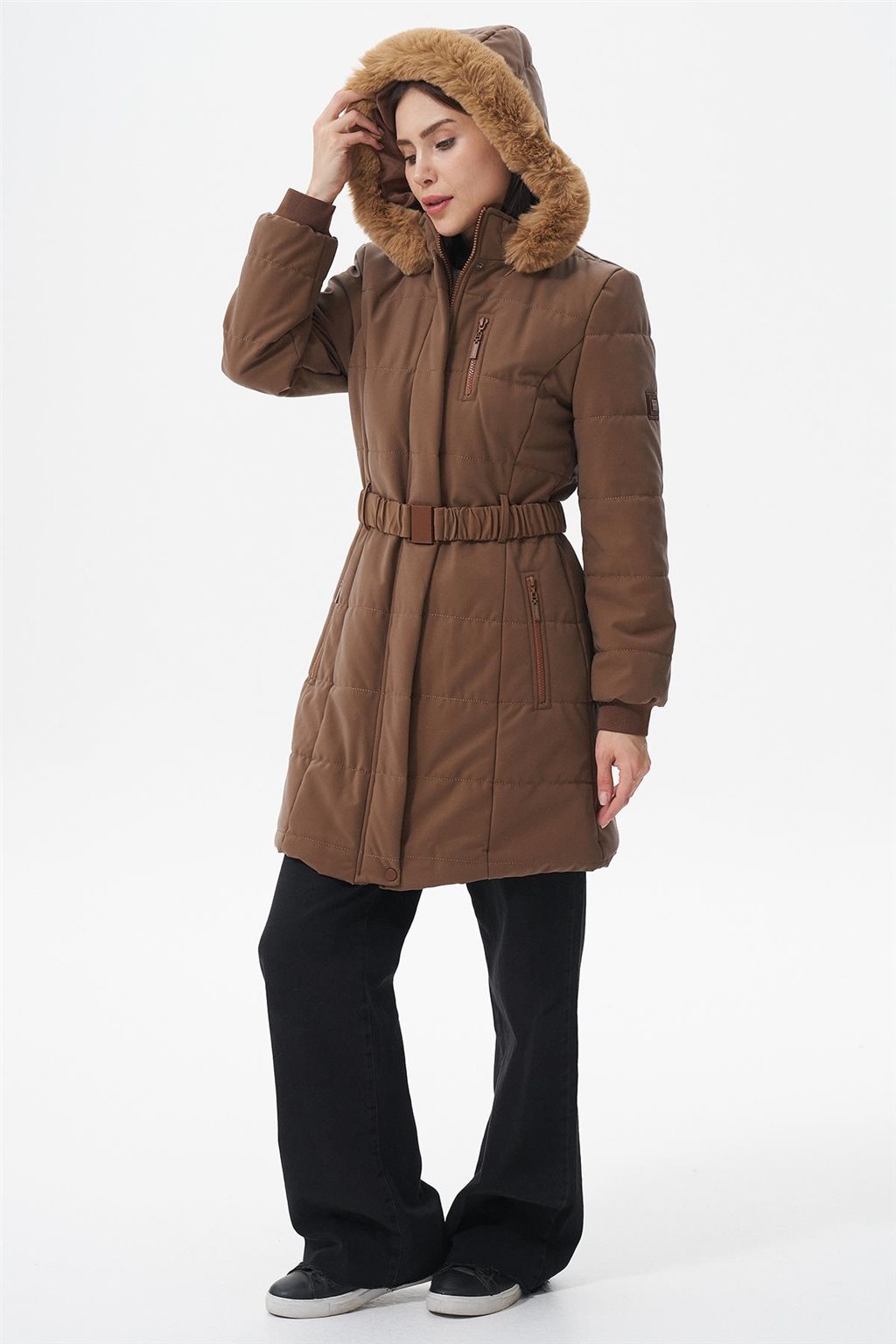 Kürk Kapüşonlu Anorak Mont Camel 