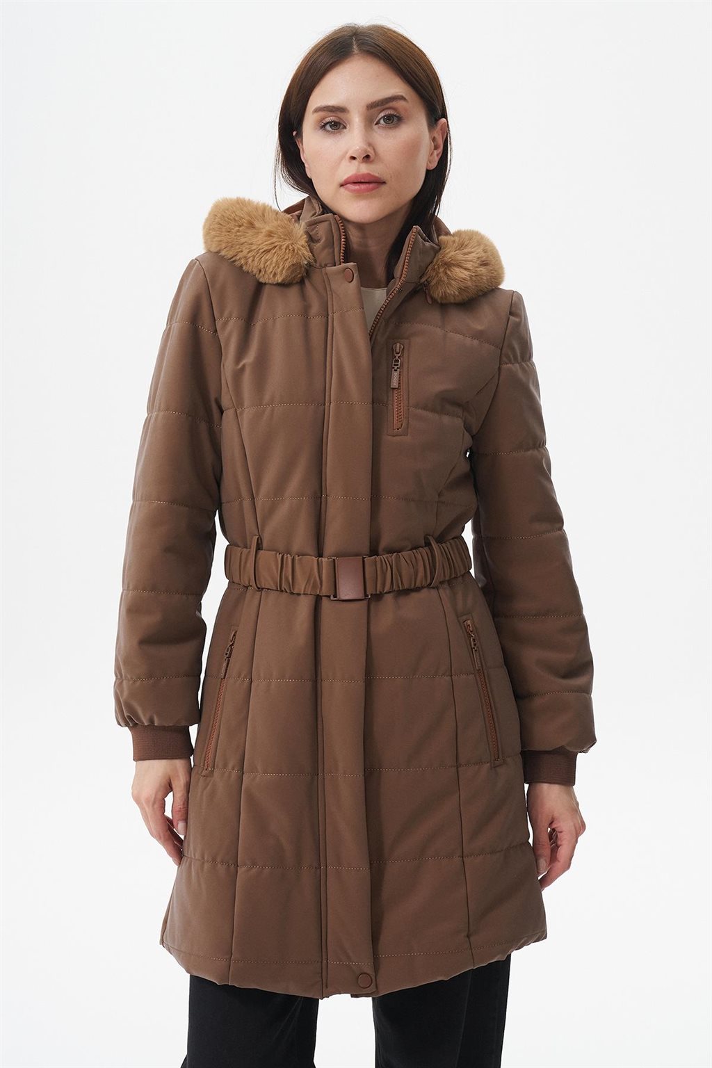 Kürk Kapüşonlu Anorak Mont Camel 