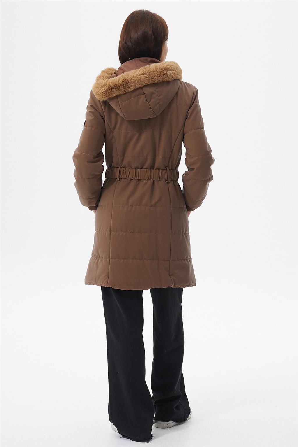 Kürk Kapüşonlu Anorak Mont Camel 