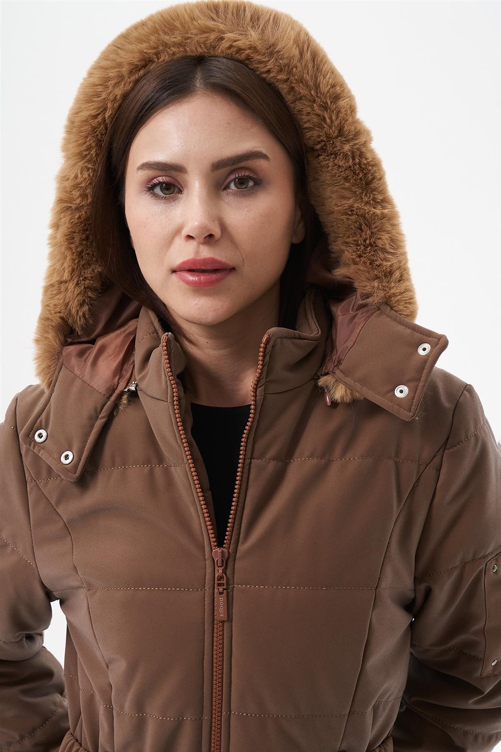 Çıkarılabilir Kürk Kapüşonlu Anorak Mont Camel 