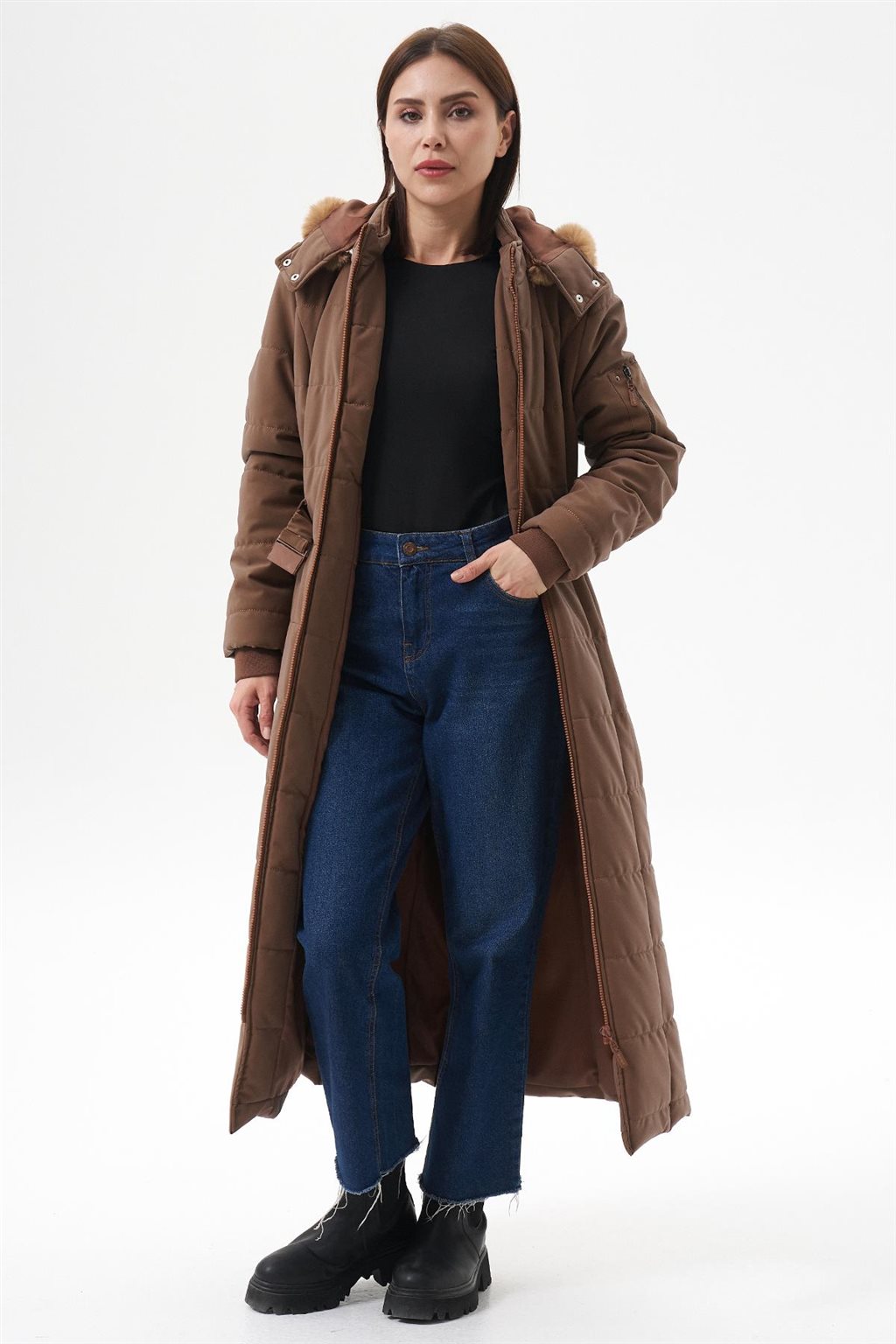 Çıkarılabilir Kürk Kapüşonlu Anorak Mont Camel 