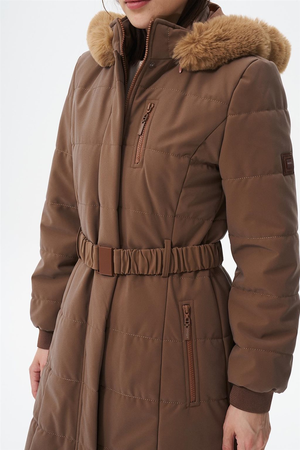 Kürk Kapüşonlu Anorak Mont Camel 