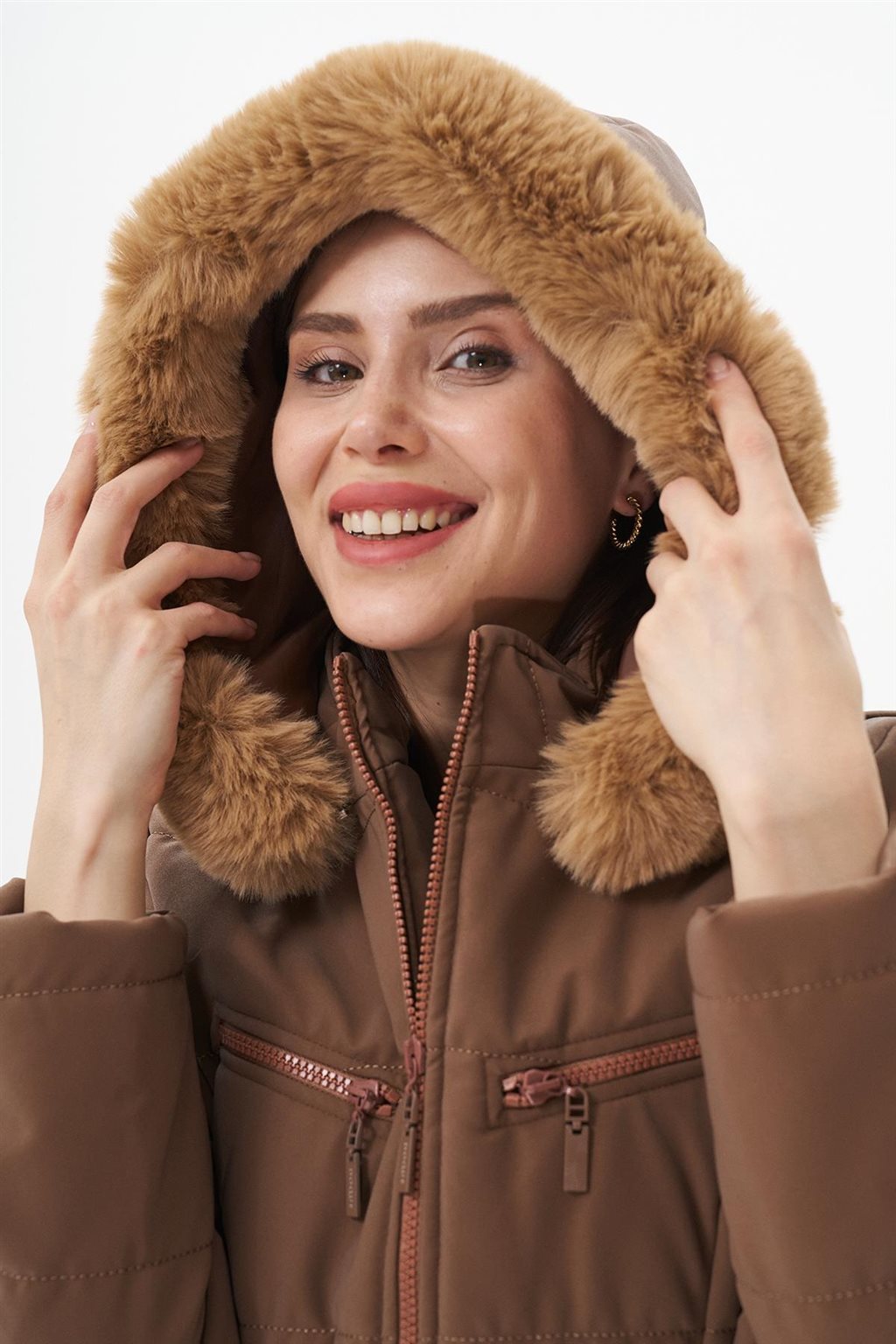 Cepli Fermuar Kapamalı Anorak Mont Camel 