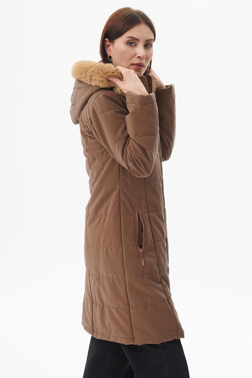 Cepli Fermuar Kapamalı Anorak Mont Camel 