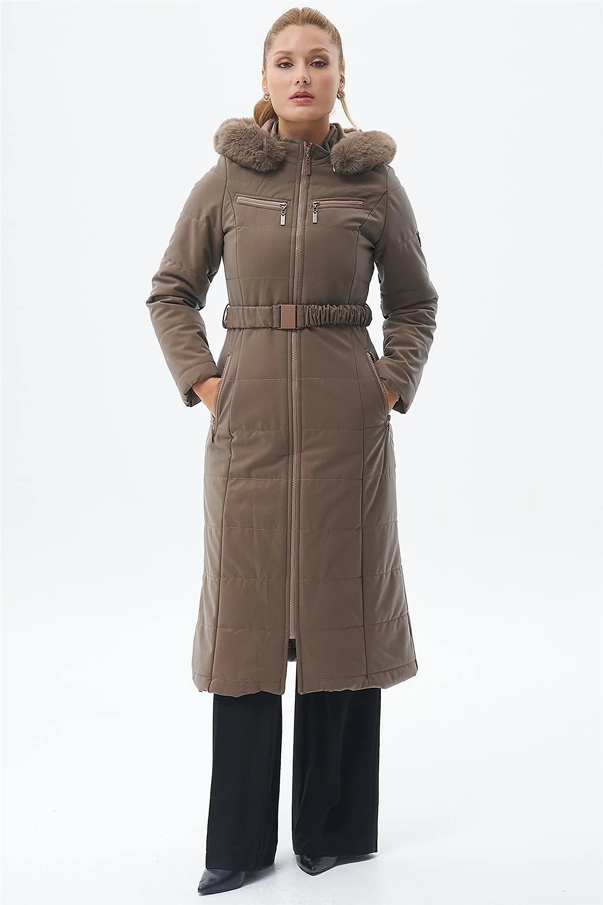 Double Zipper Detail Anorak Coat Mink
