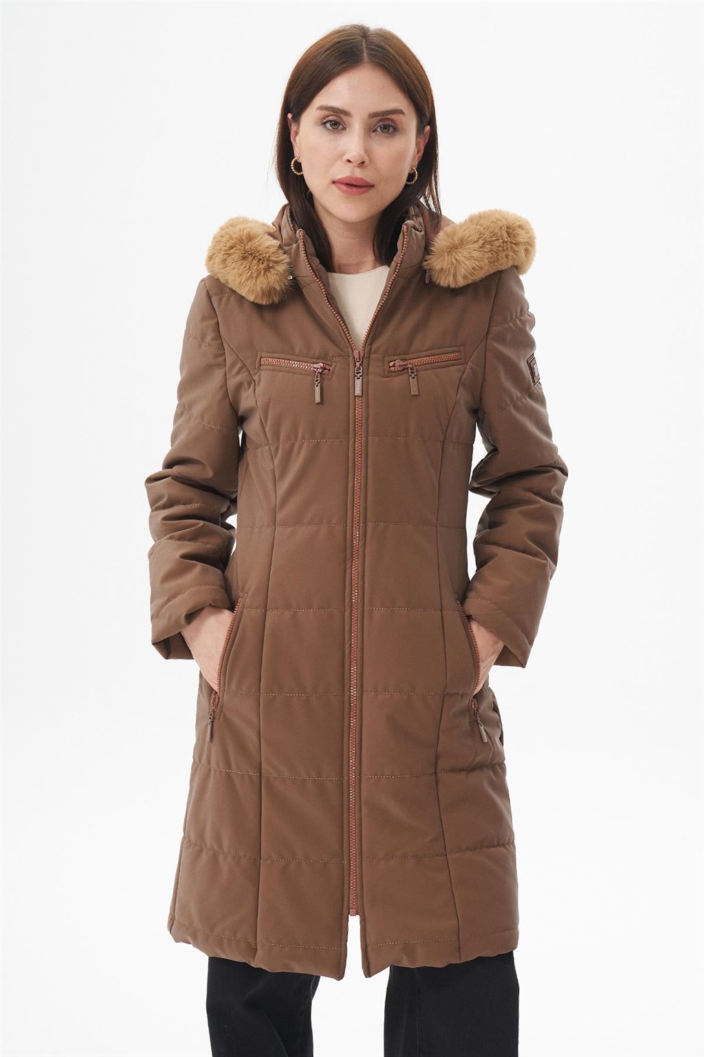 Cepli Fermuar Kapamalı Anorak Mont Camel 