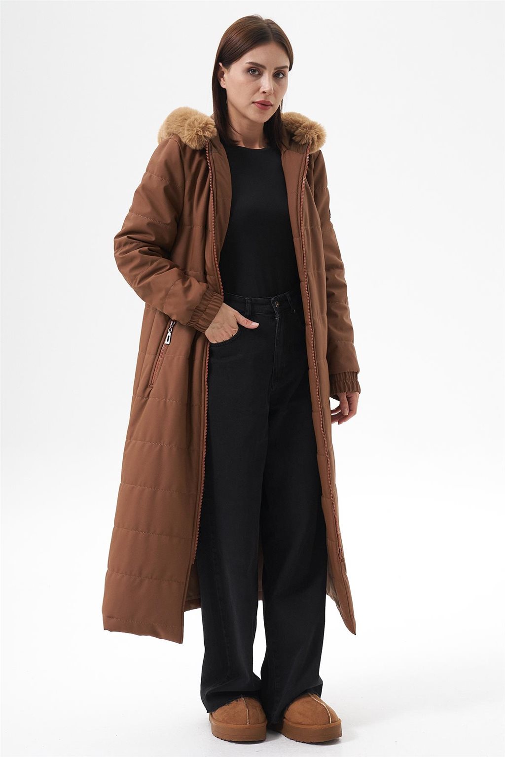 Bilekleri Lastikli Anorak Mont Camel