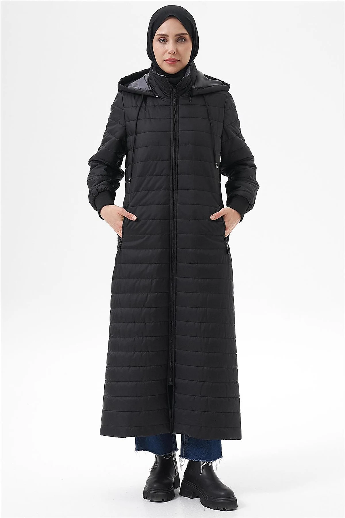 Hooded Zip-Pocket Anorak Coat Black