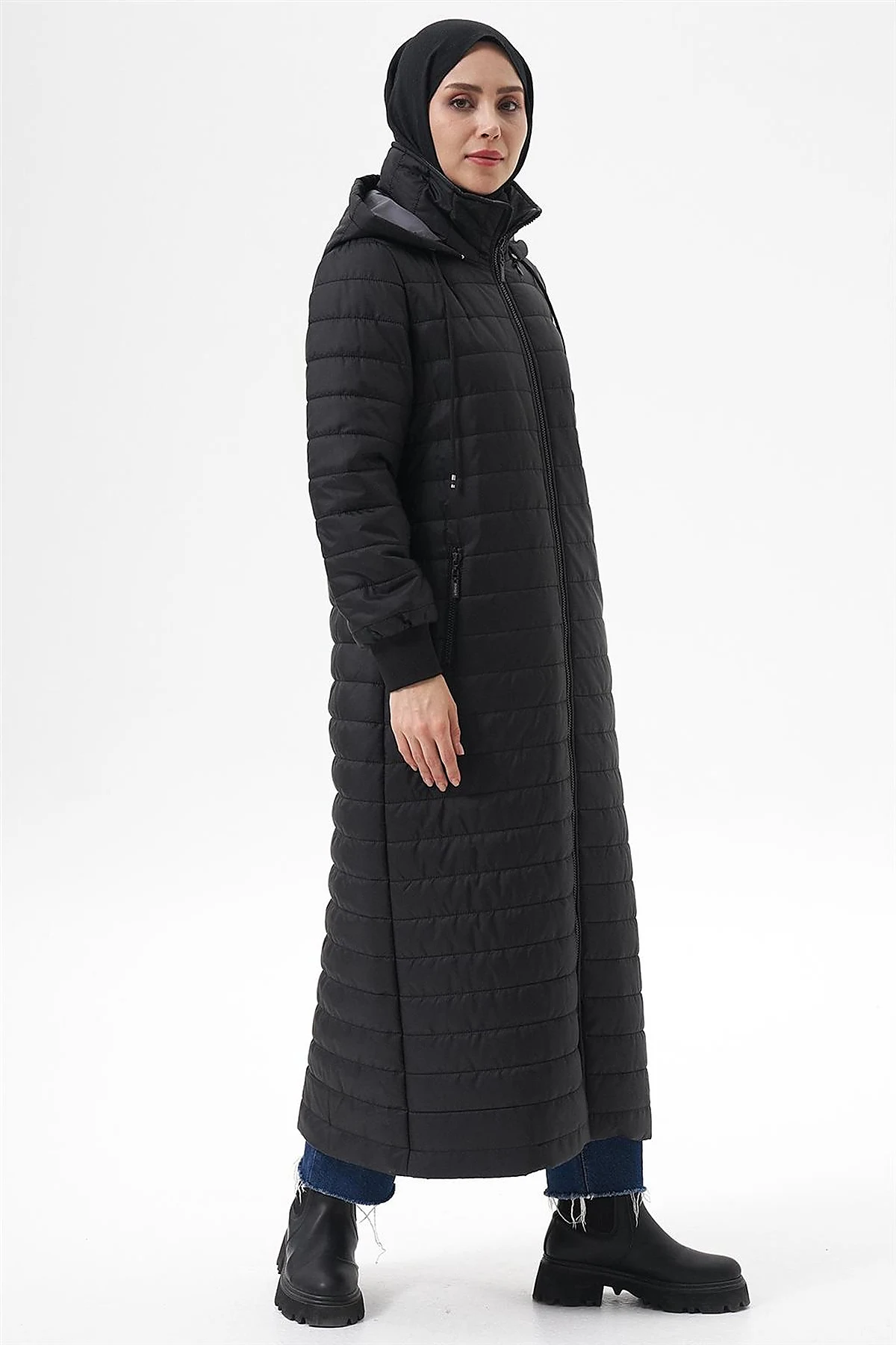 Hooded Zip-Pocket Anorak Coat Black