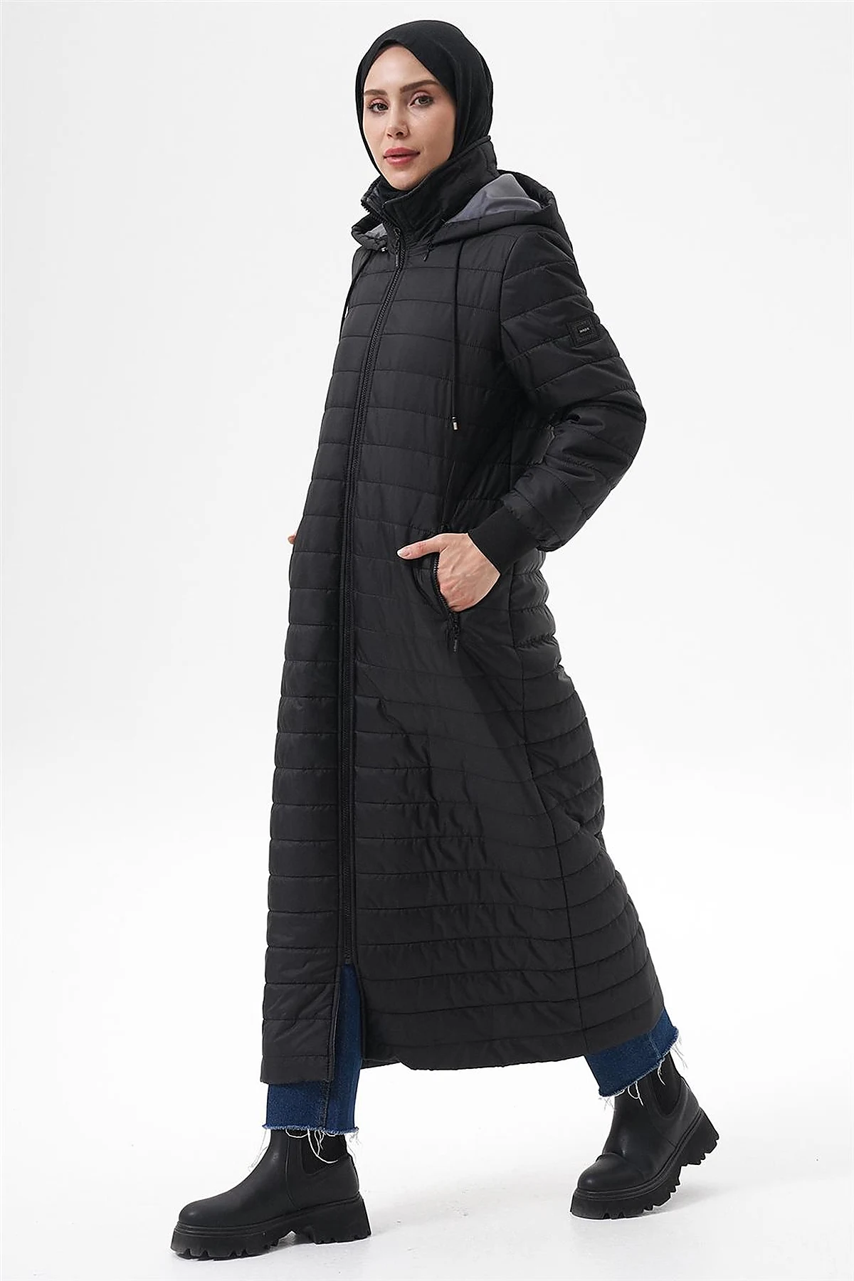 Hooded Zip-Pocket Anorak Coat Black