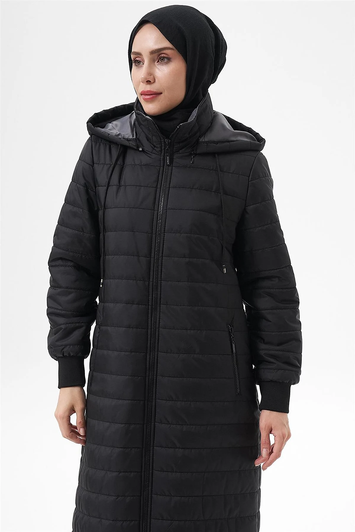 Hooded Zip-Pocket Anorak Coat Black