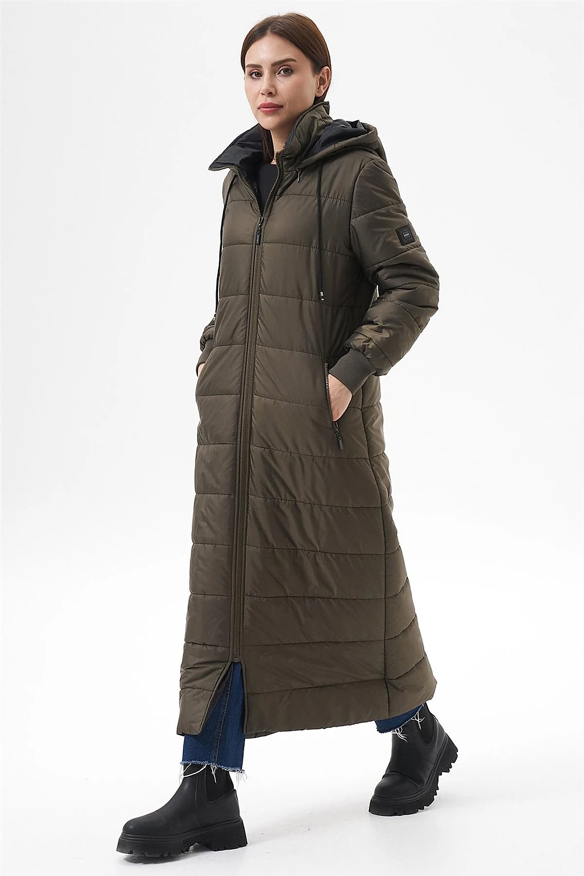 Hooded Zip-Pocket Anorak Coat Khaki