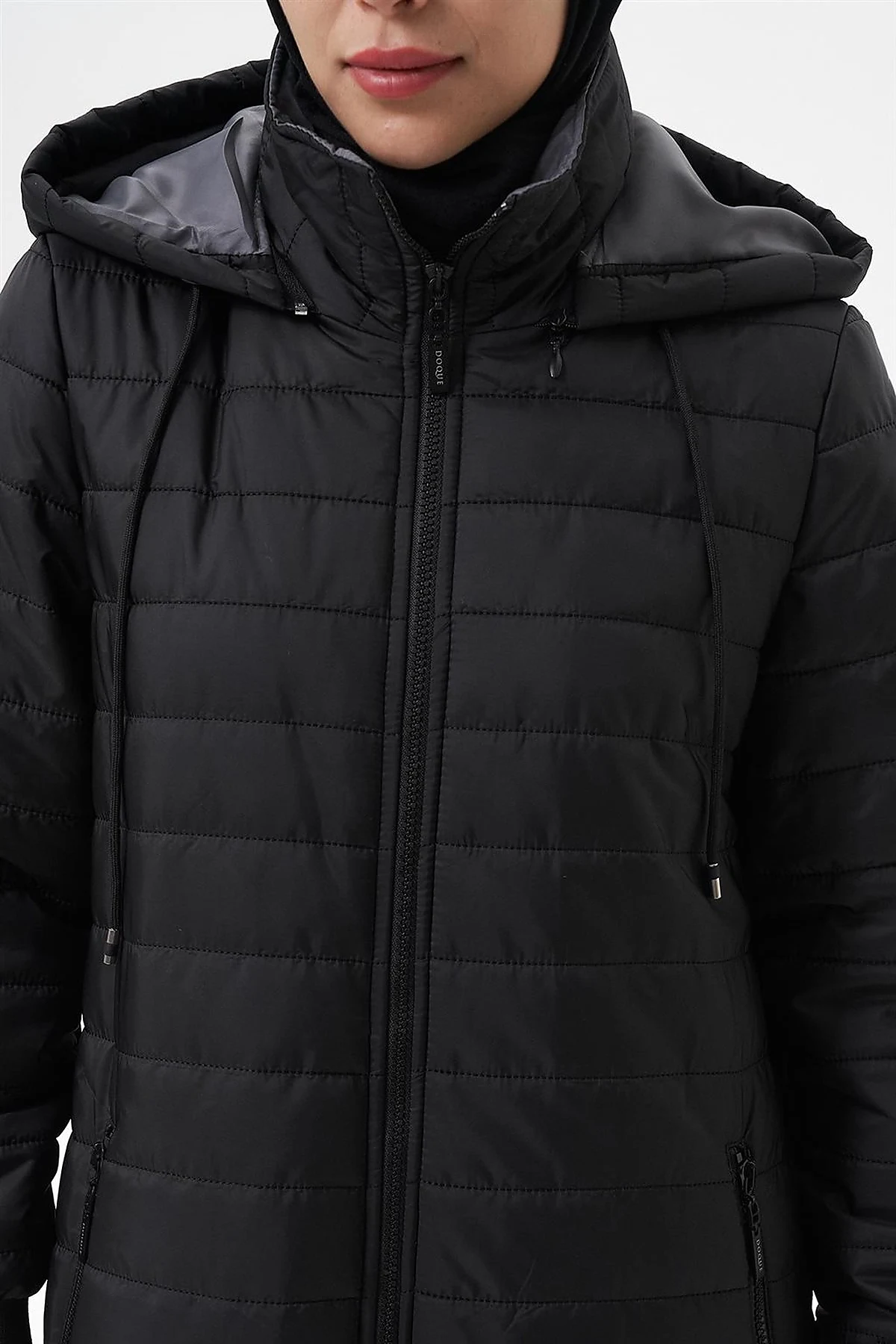 Hooded Zip-Pocket Anorak Coat Black