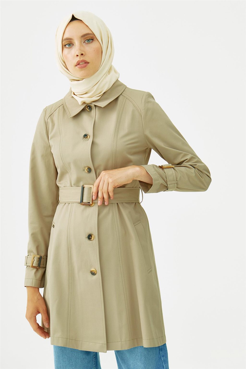 Belted Short Trench Coat Khaki