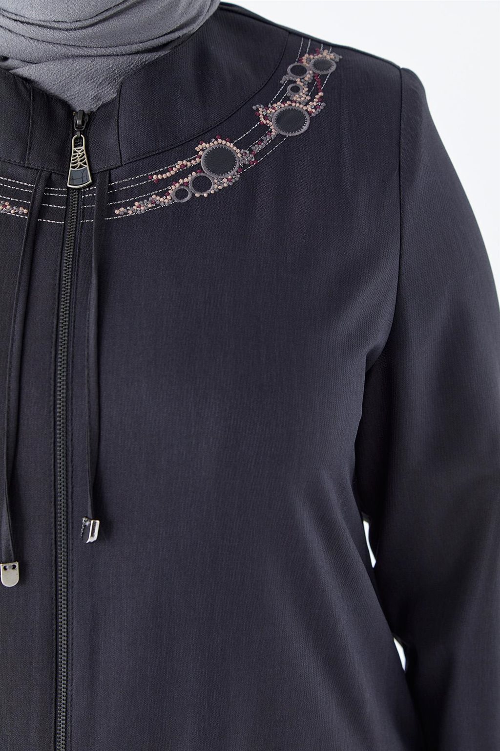 Embroidered Tie Detail Overcoat Black