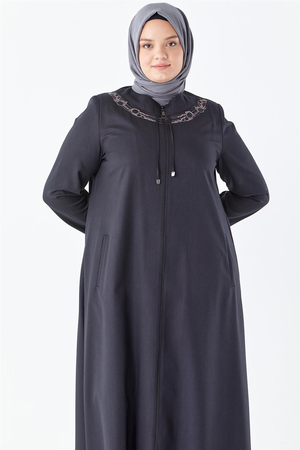 Embroidered Tie Detail Overcoat Black