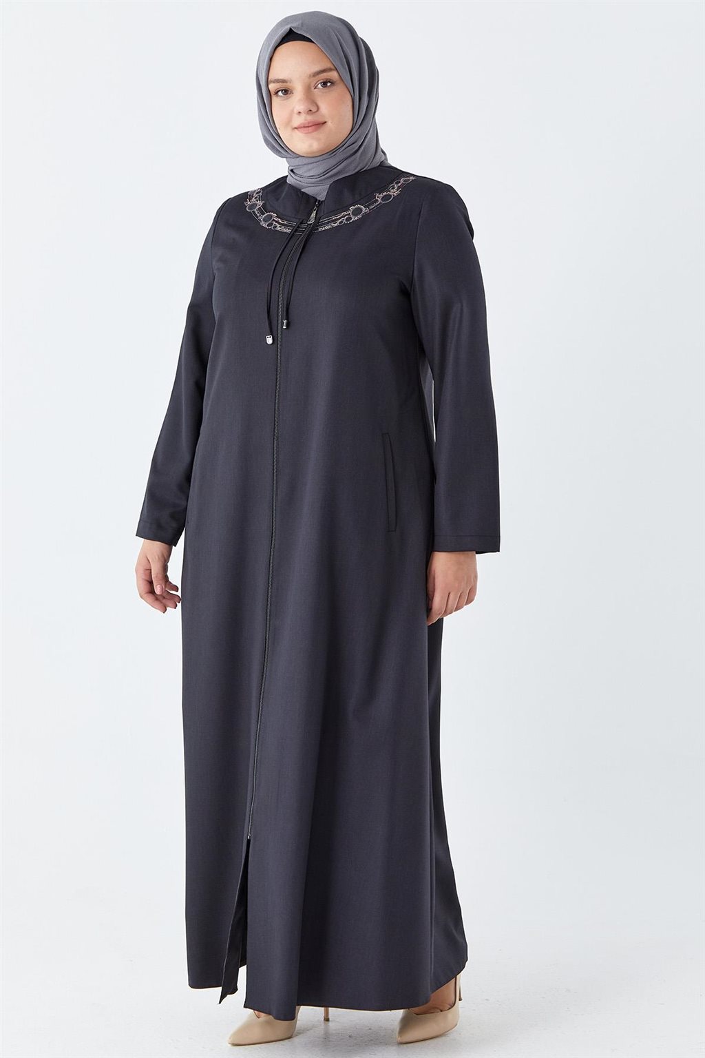 Embroidered Tie Detail Overcoat Black