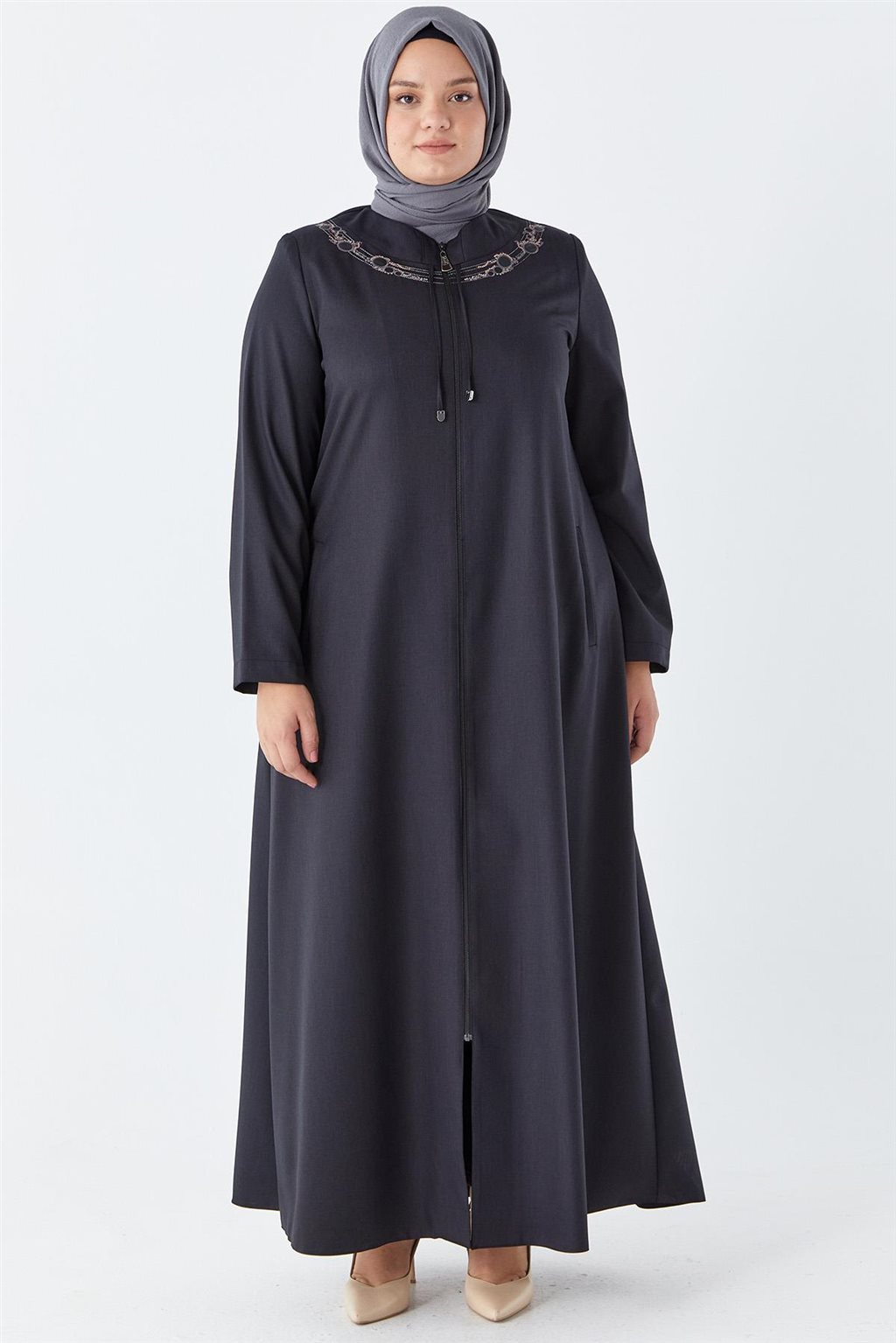 Embroidered Tie Detail Overcoat Black