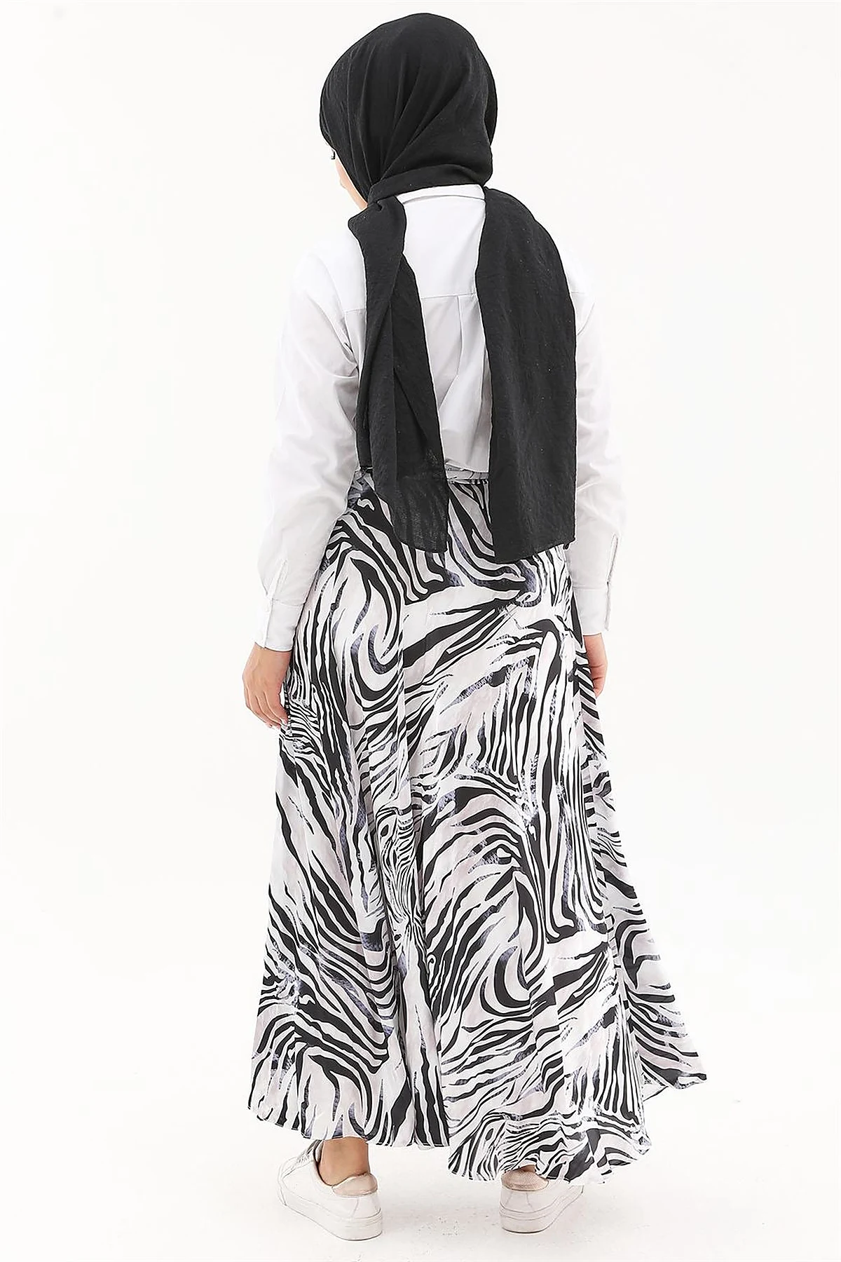 Zebra Print Belted A-line Skirt Black