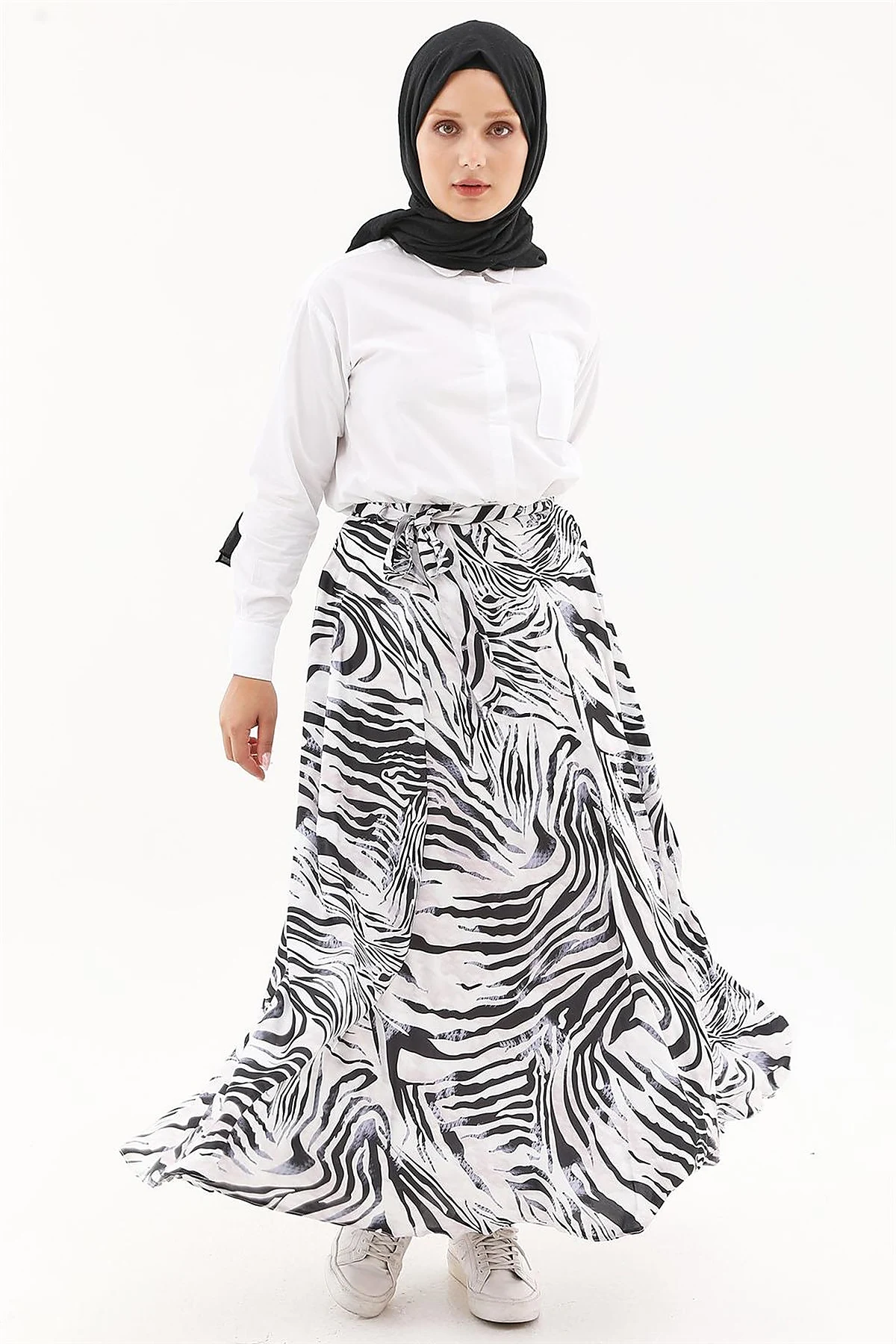 Zebra Print Belted A-line Skirt Black