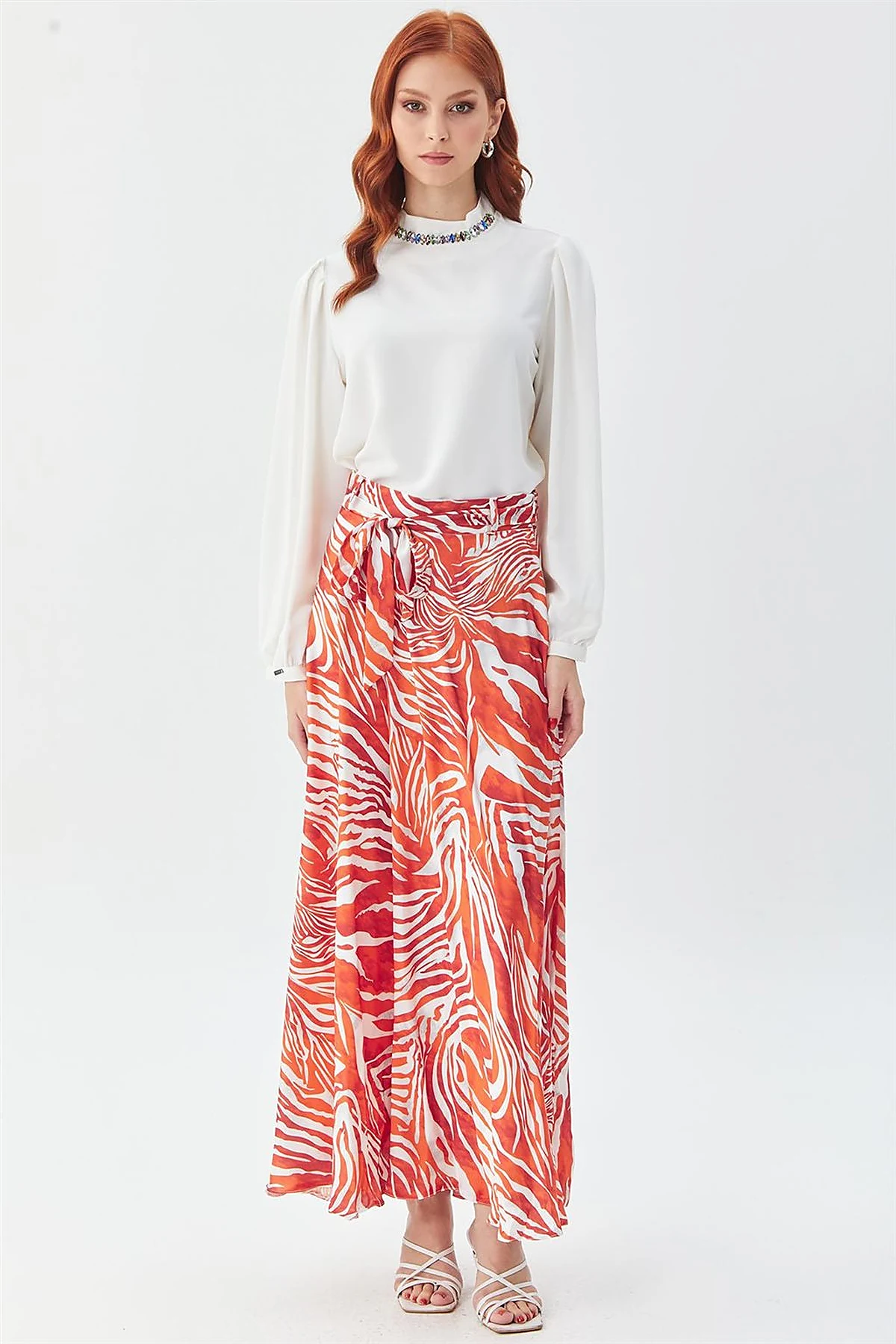 Zebra Print Belted A-line Skirt Orange