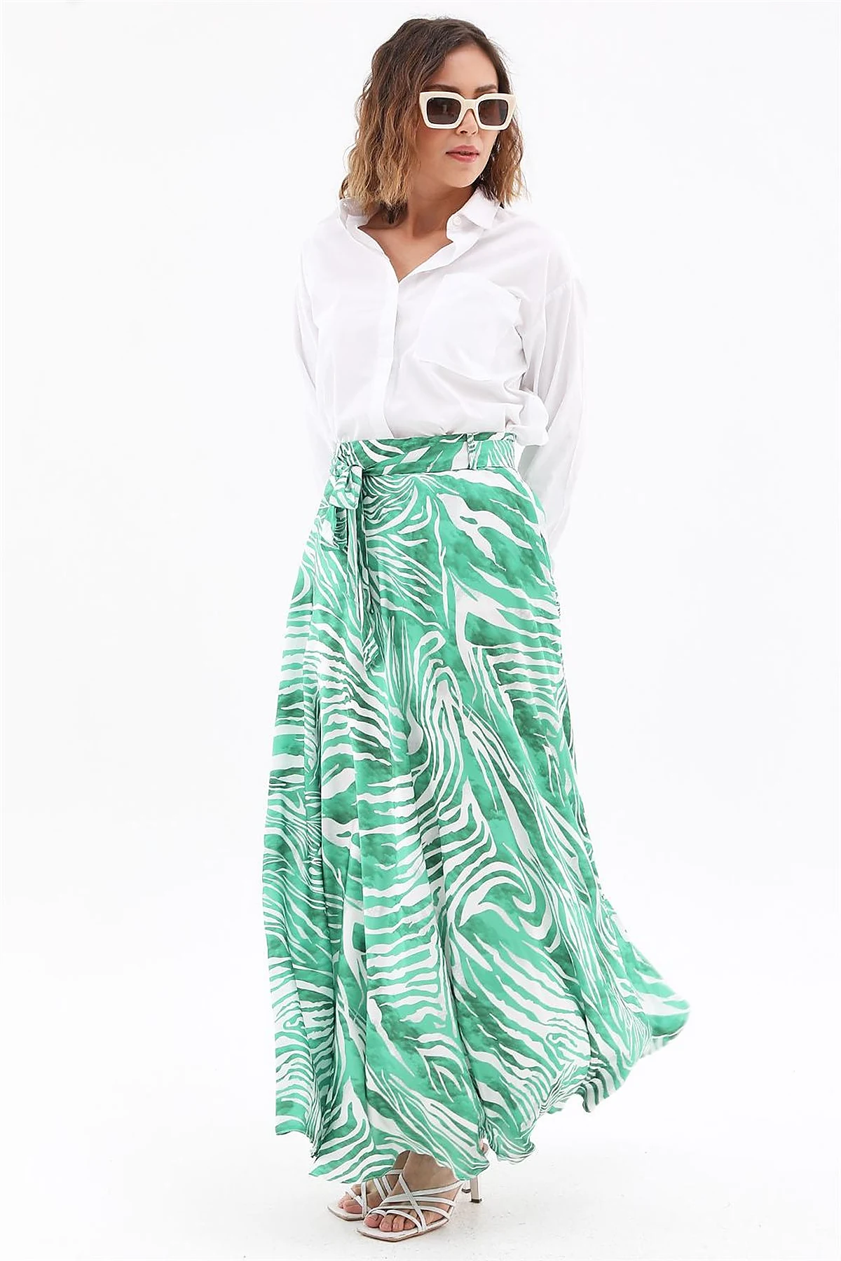 Zebra Print Belted A-line Skirt Green