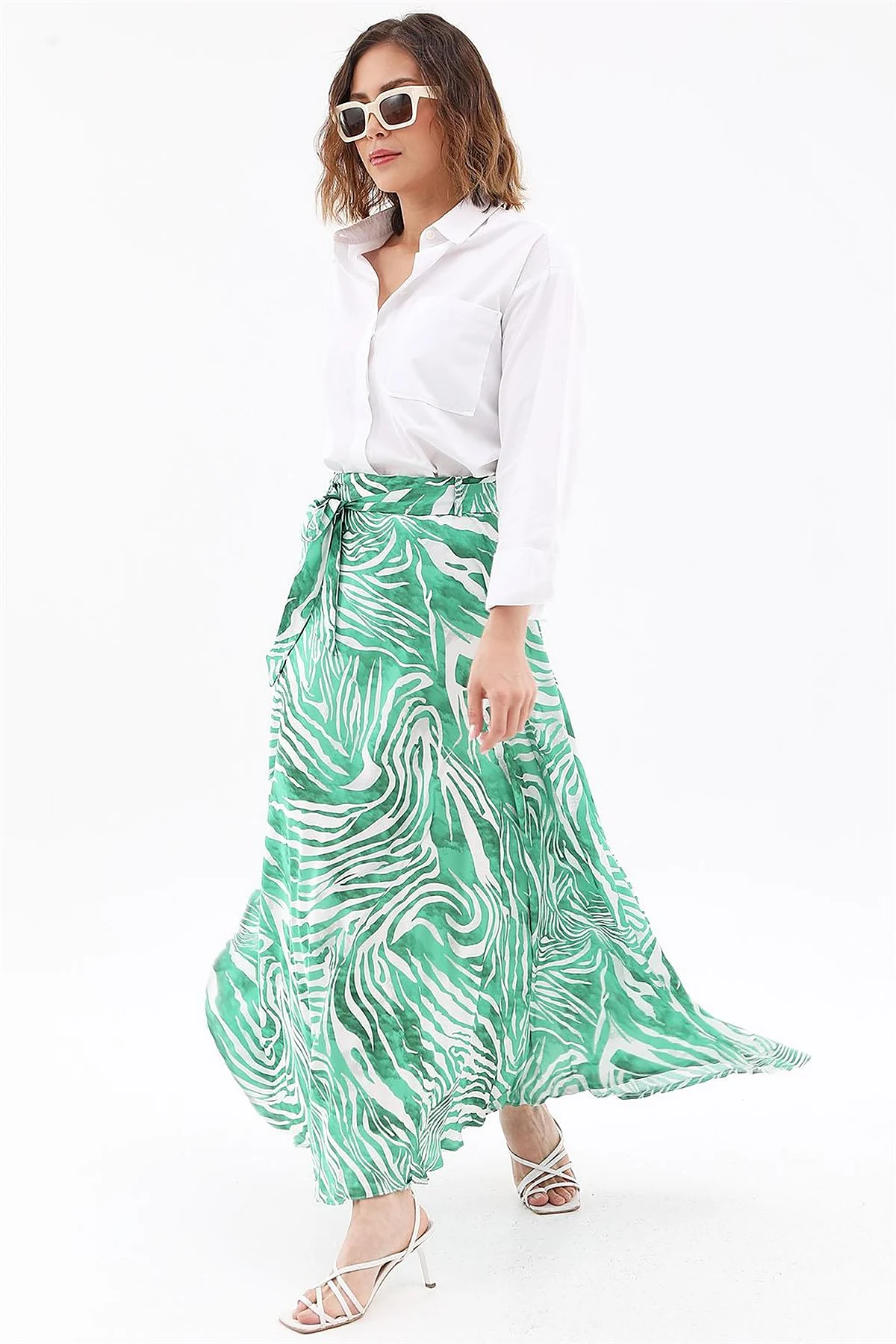 Zebra Print Belted A-line Skirt Green