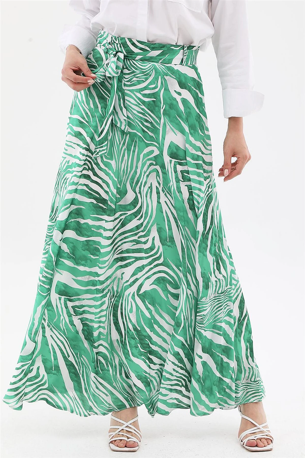 Zebra Print Belted A-line Skirt Green