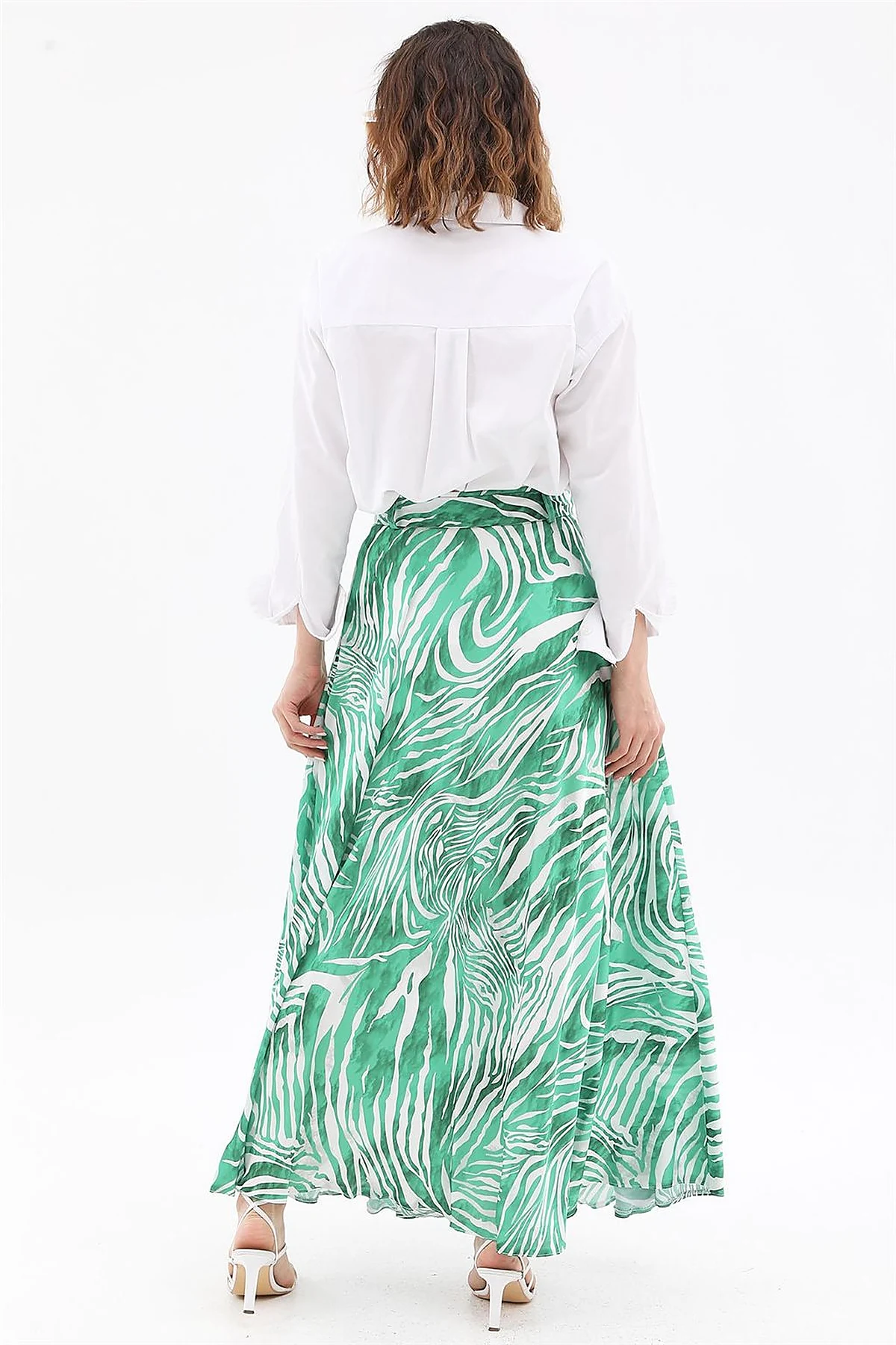 Zebra Print Belted A-line Skirt Green